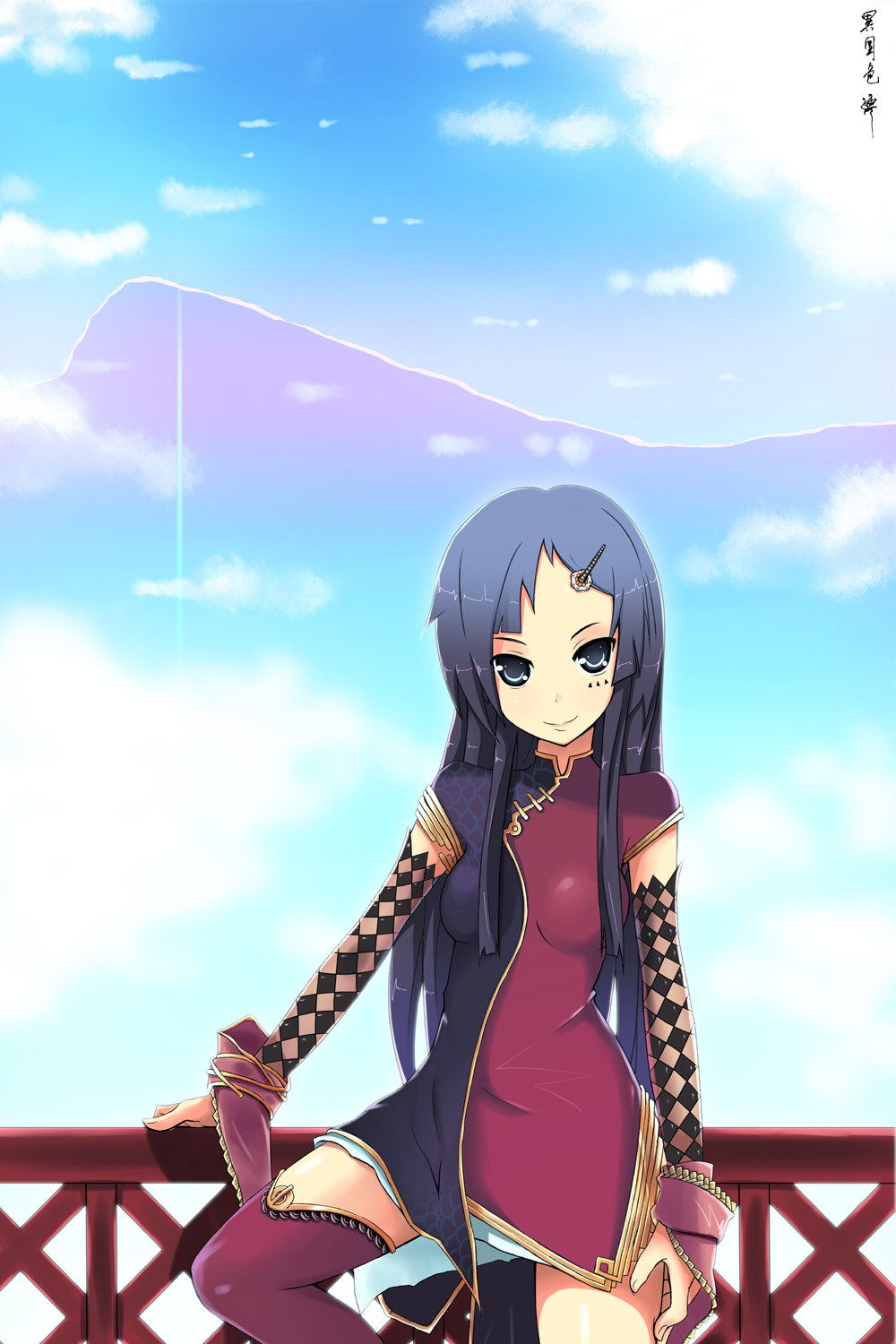 kendo (artist), akiyama mio, k-on!, argyle, bad id, bad pixiv id, highres, 00s, 1girl, arm warmers, black eyes, black hair, blue eyes, china dress, chinese clothes, cloud, day, dress, elbow gloves, female focus, gloves, long hair, outdoors, railing, sky, solo, thighhighs