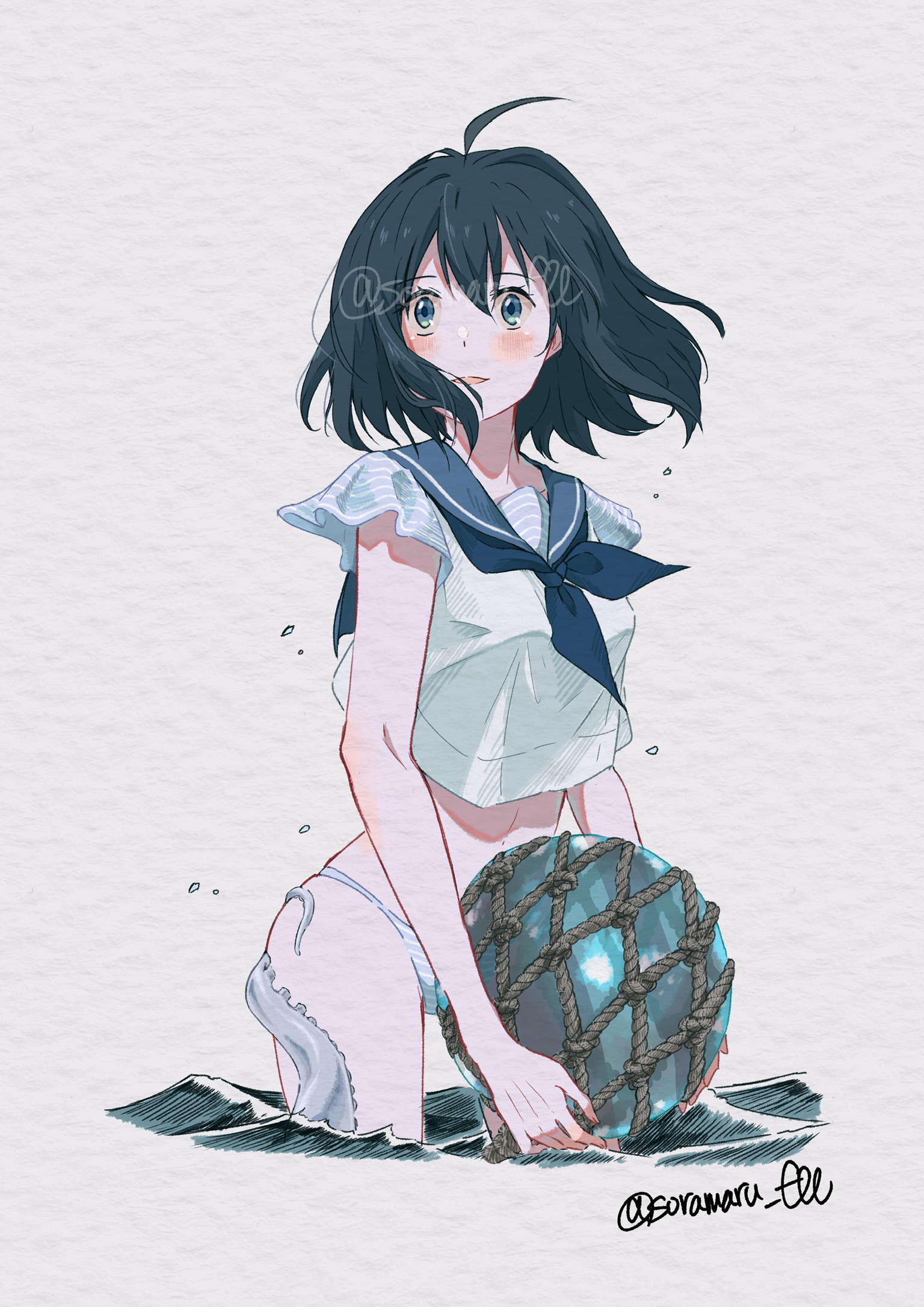 soramaru ell, original, highres, 1girl, ahoge, black hair, blue eyes, blue sailor collar, blush, buoy, holding, humanization, looking afar, navel, neckerchief, panties, paper texture, partially submerged, rope, sailor collar, sailor shirt, shirt, short hair, signature, solo, striped clothes, striped panties, tentacle grab, tentacles, twitter username, underwear, water, watermark