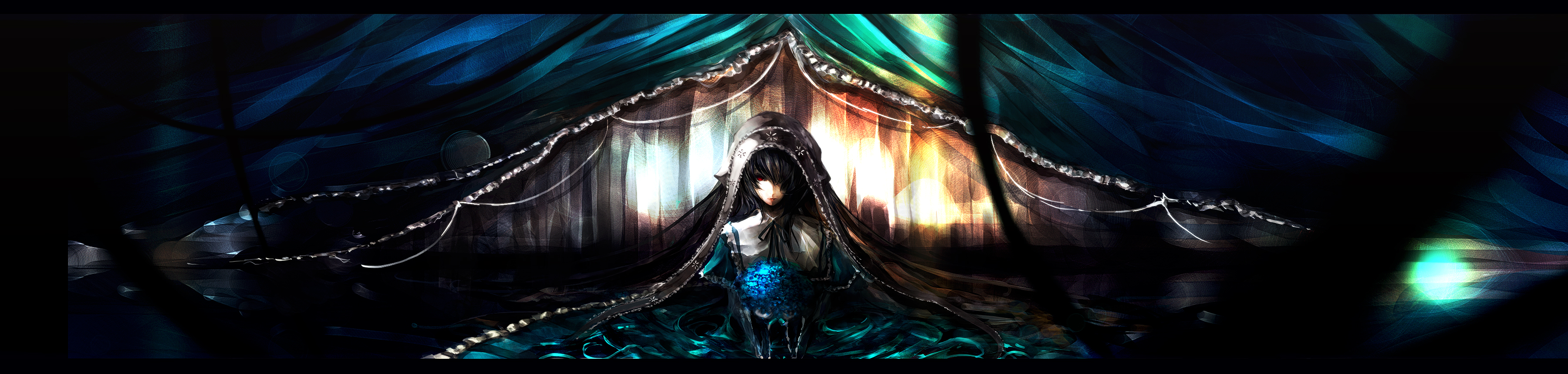 iori yakatabako, suiseiseki, rozen maiden, absurdres, highres, long image, wide image, 00s, brown hair, dress, flower, hair over one eye, heterochromia, long hair, red eyes, solo