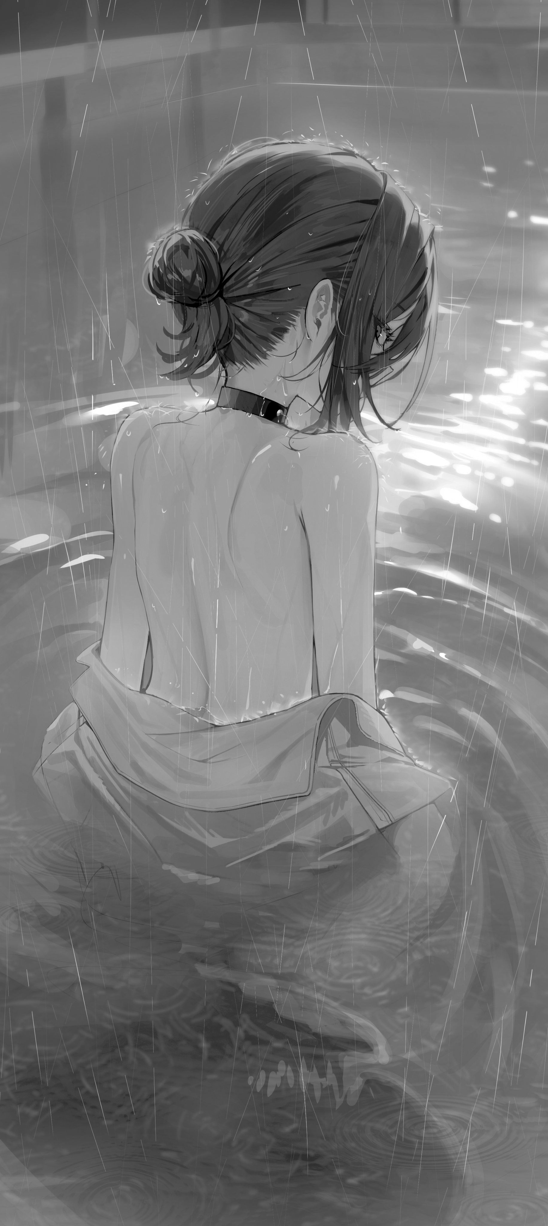 kerno, reze (chainsaw man), chainsaw man, absurdres, highres, variant set, 1girl, bare back, bare shoulders, choker, from behind, greyscale, hair bun, looking at viewer, looking back, monochrome, open clothes, open shirt, outdoors, partially submerged, pool, rain, ripples, shirt, shirt partially removed, shoulder blades, sidelocks, single hair bun, solo, topless female, water, water drop