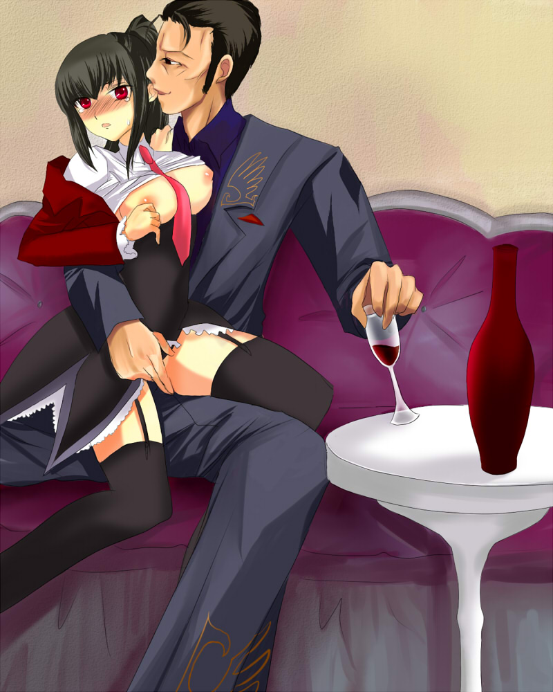 tonami, belphegor (umineko), stakes of purgatory, ushiromiya rudolf, umineko no naku koro ni, bad id, bad pixiv id, 00s, 1boy, 1girl, alcohol, breasts, large breasts, necktie, pink necktie, thighhighs, wine