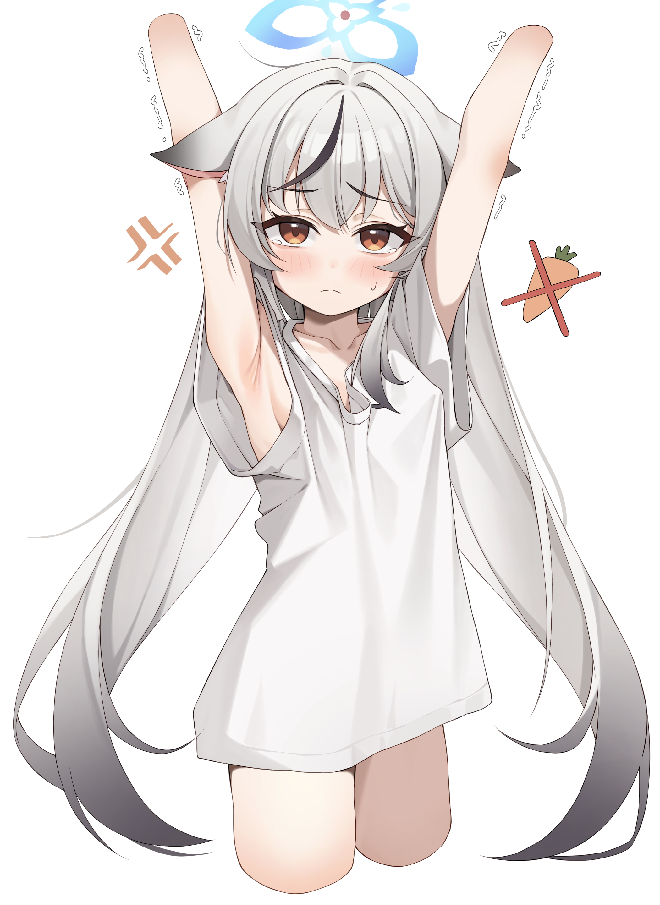 um 111, kokona (blue archive), blue archive, absurdres, commentary request, highres, variant set, 1girl, alternate costume, anger vein, animal ears, armpit crease, armpits, arms up, blue halo, blush, bottomless, breasts, brown eyes, carrot, closed mouth, collarbone, cowboy shot, cropped arms, cropped legs, crying, crying with eyes open, dot nose, embarrassed, frown, hair between eyes, halo, loli, long hair, looking at viewer, multicolored hair, shirt, short sleeves, sideboob, simple background, single bare shoulder, small breasts, solo, split mouth, streaked hair, sweatdrop, t-shirt, tears, thighs, trembling, very long hair, white background, white hair, white shirt