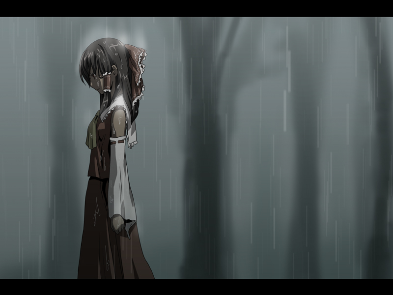 mizuki riko, hakurei reimu, touhou, bad id, bad pixiv id, 1girl, arms at sides, ascot, black hair, blurry, blurry background, bow, breasts, brown hair, clenched hand, collar, dark, detached sleeves, female focus, frilled collar, frills, hair bow, hair tubes, japanese clothes, letterboxed, long hair, long skirt, looking down, miko, parted lips, profile, rain, red skirt, ribbon-trimmed sleeves, ribbon trim, sad, skirt, small breasts, solo, standing, wet, wet clothes, wet hair, wide sleeves