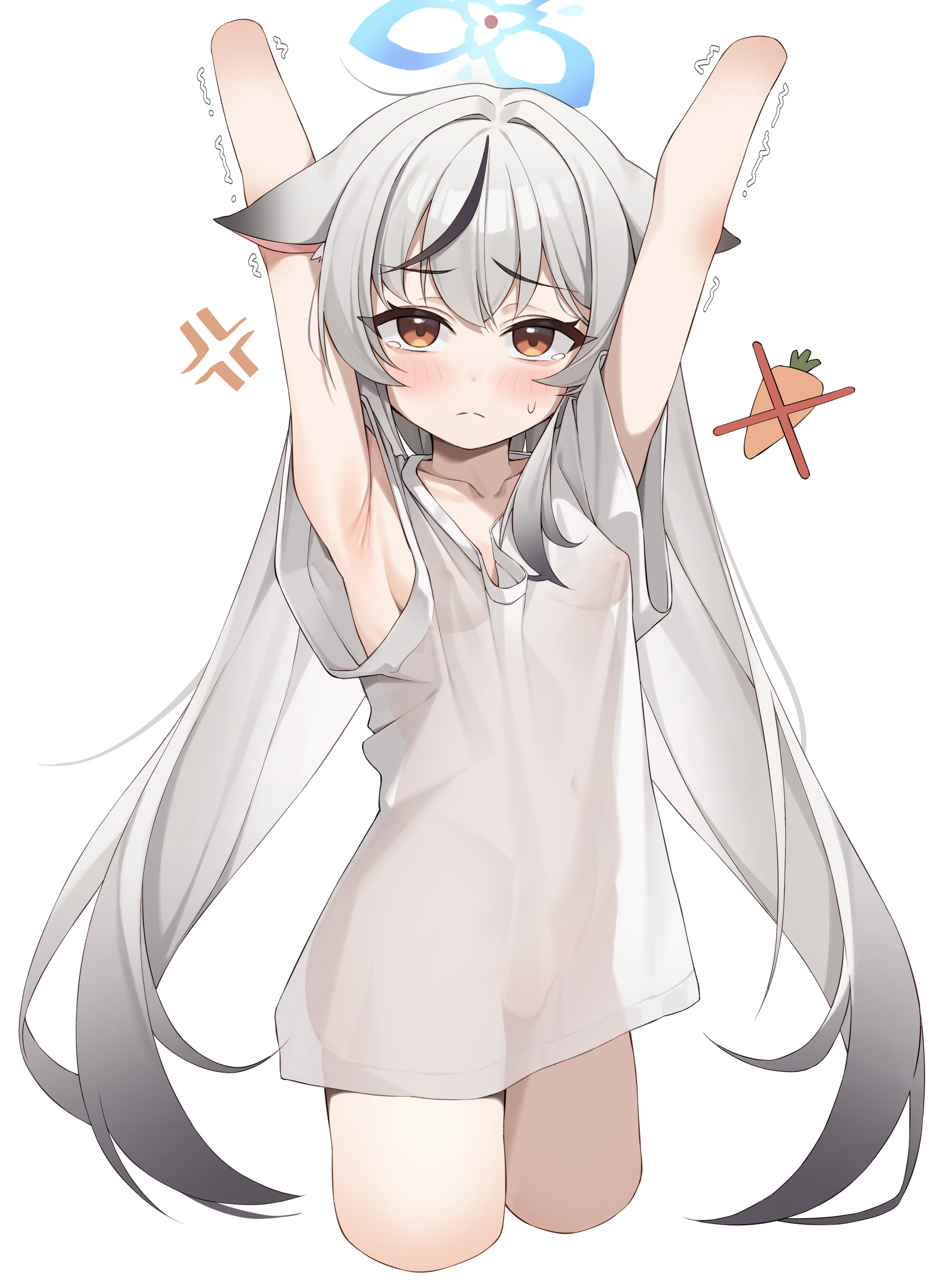 um 111, kokona (blue archive), blue archive, absurdres, commentary request, highres, variant set, 1girl, alternate costume, anger vein, animal ears, armpit crease, armpits, arms behind head, arms up, blue halo, blush, bottomless, breasts, brown eyes, carrot, closed mouth, collarbone, covered erect nipples, covered navel, cowboy shot, cropped arms, cropped legs, crying, crying with eyes open, dot nose, embarrassed, frown, hair between eyes, halo, loli, long hair, looking at viewer, multicolored hair, see-through clothes, see-through shirt, shirt, short sleeves, sideboob, simple background, single bare shoulder, small breasts, solo, split mouth, streaked hair, sweatdrop, t-shirt, tears, thighs, trembling, very long hair, white background, white hair, white shirt