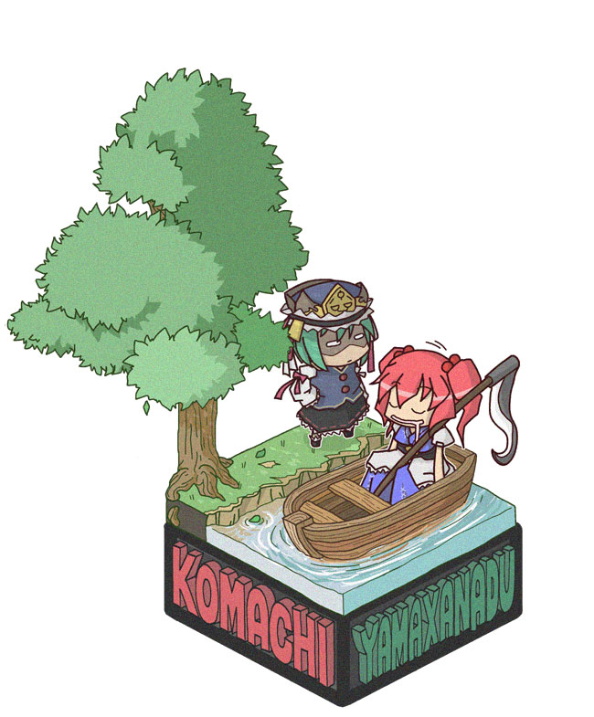 rodney (melagal), onozuka komachi, shiki eiki, touhou, bad id, bad pixiv id, 2girls, boat, chibi, female focus, green hair, hat, isometric, multiple girls, red hair, romaji text, saliva, scythe, sleeping, watercraft