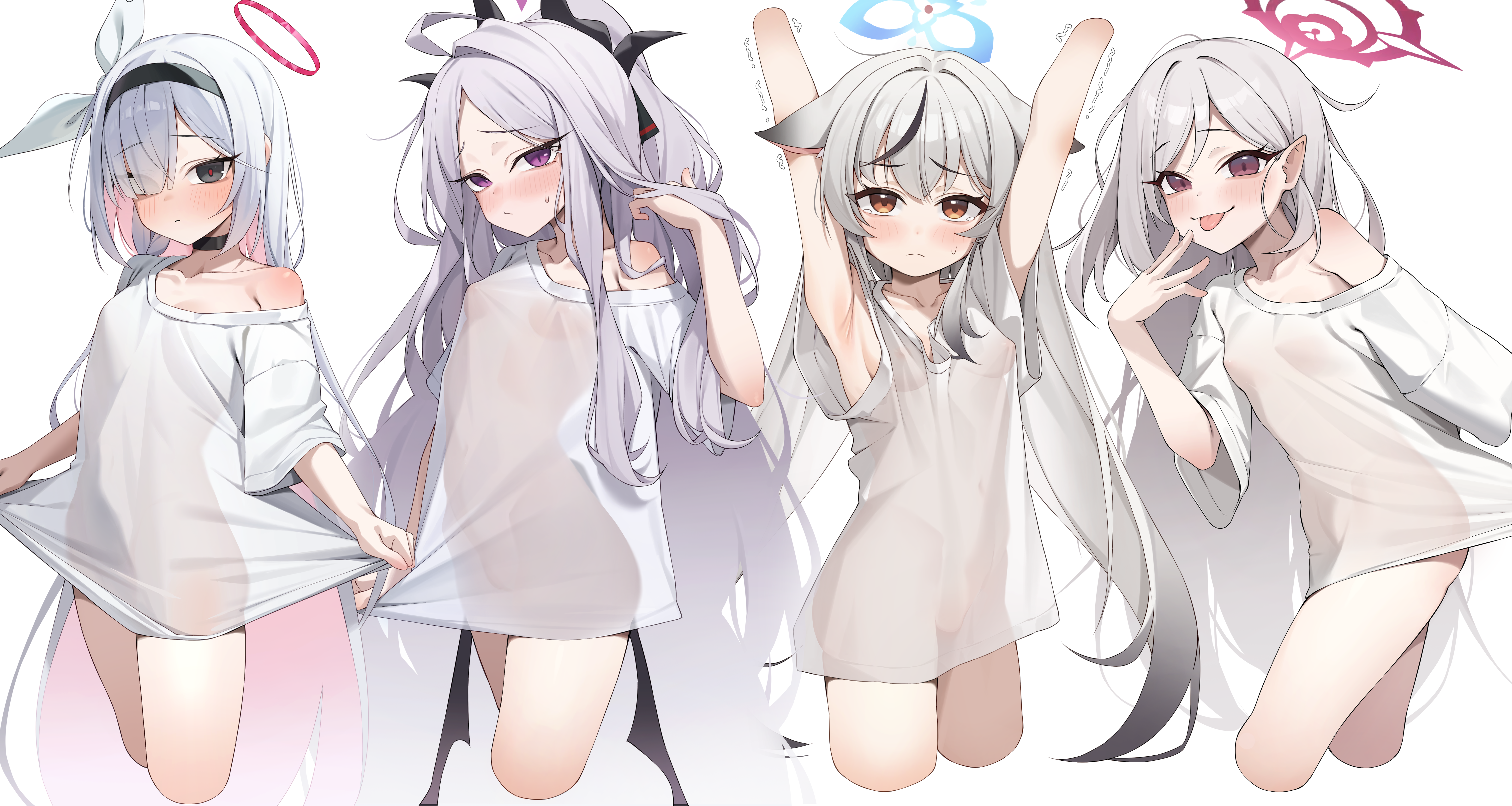 um 111, hina (blue archive), kokona (blue archive), mutsuki (blue archive), plana (blue archive), blue archive, absurdres, commentary, highres, symbol-only commentary, 4girls, :p, absurdly long hair, alternate costume, animal ears, armpit crease, armpits, arms behind head, arms up, black choker, black eyes, black hairband, black wings, blue halo, blush, bottomless, breasts, brown eyes, choker, closed mouth, clothes lift, collarbone, covered erect nipples, cowboy shot, cropped arms, cropped legs, crying, crying with eyes open, dot nose, embarrassed, eyes visible through hair, frown, hair behind ear, hair between eyes, hair down, hair over one eye, hair over shoulder, hair ribbon, hairband, halo, hand up, lifting own clothes, loli, long hair, long sidelocks, looking at viewer, low wings, multicolored hair, multiple girls, naked shirt, pink eyes, pink halo, pointy ears, pulling own clothes, red halo, red pupils, ribbon, see-through clothes, see-through shirt, shirt, shirt lift, short sleeves, simple background, single bare shoulder, small breasts, smile, split mouth, standing, streaked hair, sweatdrop, t-shirt, tears, three-quarter sleeves, tongue, tongue out, trembling, very long hair, very long sidelocks, white background, white hair, white ribbon, white shirt, wings
