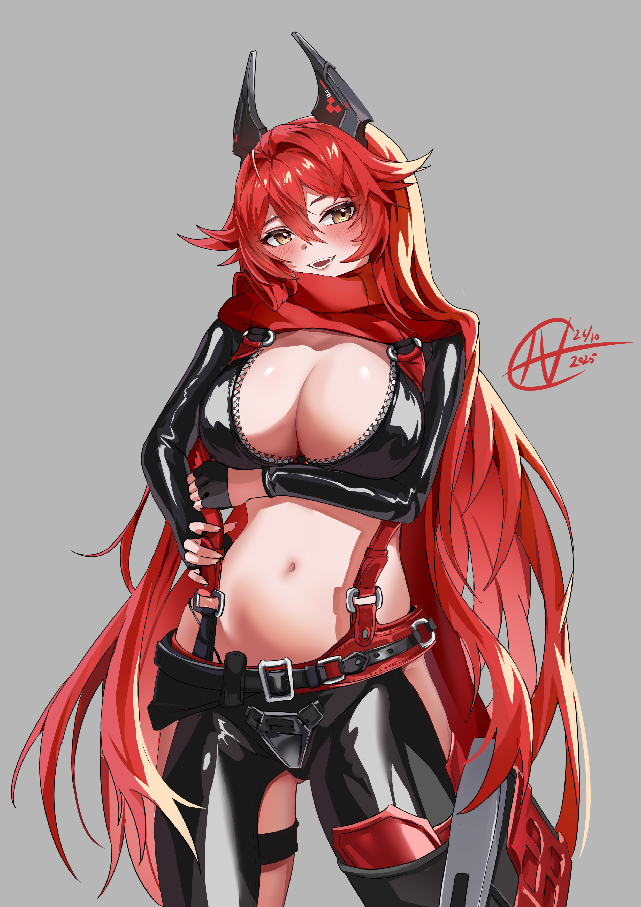 fanchin, red hood (nikke), goddess of victory: nikke, absurdres, commentary, highres, 1girl, :d, arm under breasts, belt, between breasts, black belt, black gloves, black jacket, black pants, blush, breasts, cleavage, clothing cutout, cowboy shot, cropped jacket, crotch plate, dated, double-parted bangs, fingerless gloves, gloves, grey background, hair between eyes, hair flaps, hip vent, horns, jacket, large breasts, leather, leather jacket, leather pants, leg cutout, long hair, long sleeves, looking at viewer, mechanical horns, navel, open mouth, pants, red hair, red scarf, scarf, sidelocks, signature, simple background, smile, solo, standing, stomach, strap between breasts, suspenders, teeth, unzipped, very long hair, yellow eyes, zipper