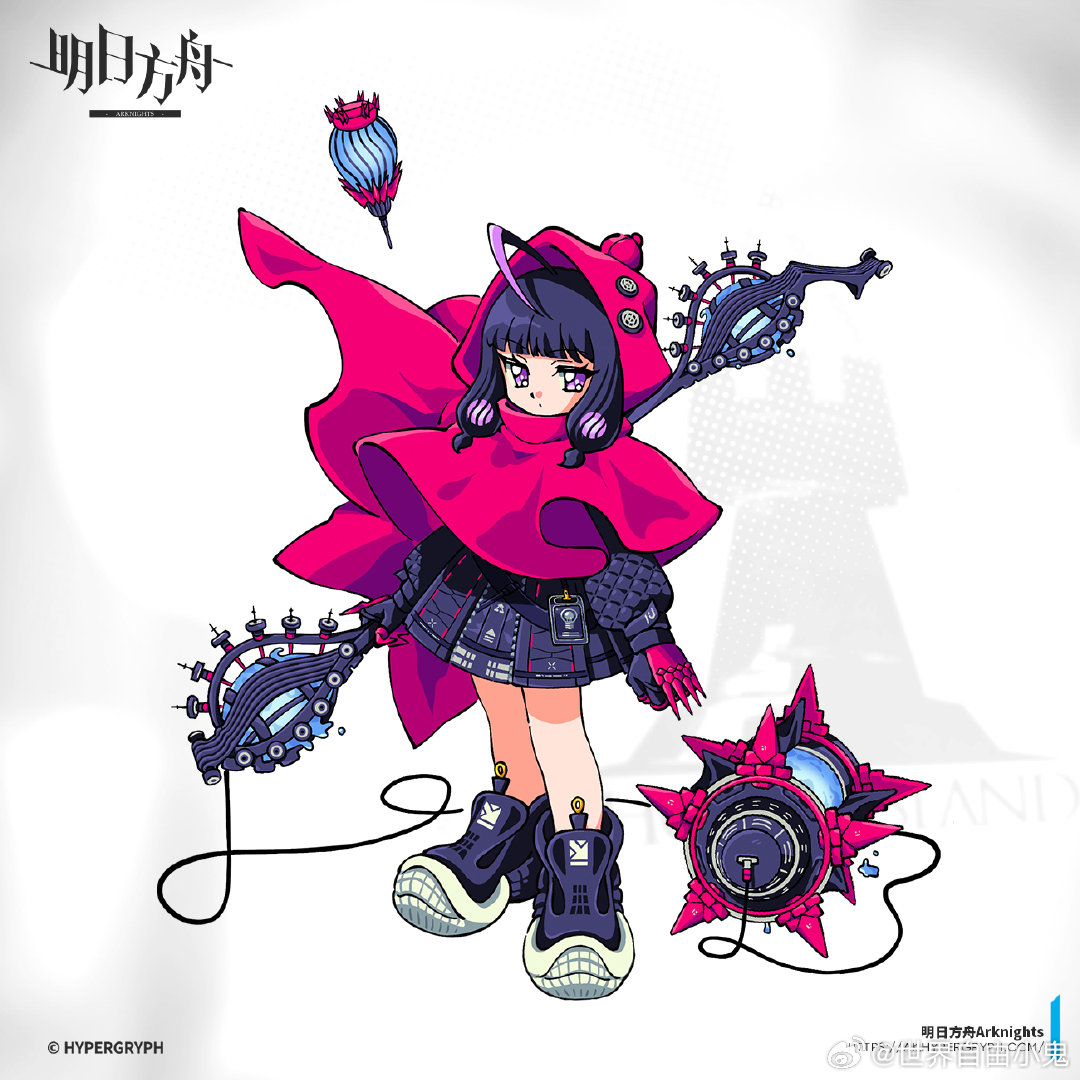 arknights, chinese commentary, official art, 1girl, ball and chain (weapon), bare legs, black gloves, black hair, black jacket, black shoes, cloak, closed mouth, company name, copyright logo, copyright name, copyright notice, deformed, dot mouth, full body, gloves, grey background, holding, holding weapon, hood, hood up, hooded cloak, jacket, logo, long sleeves, looking at viewer, low-tied sidelocks, multicolored hair, nishikiori sarasa (arknights), puffy long sleeves, puffy sleeves, purple eyes, purple hair, red cloak, rhodes island logo (arknights), shijie ziyou xiaogui, shoes, sidelocks, simple background, sneakers, solo, standing, streaked hair, tachi-e, watermark, weapon, weibo watermark