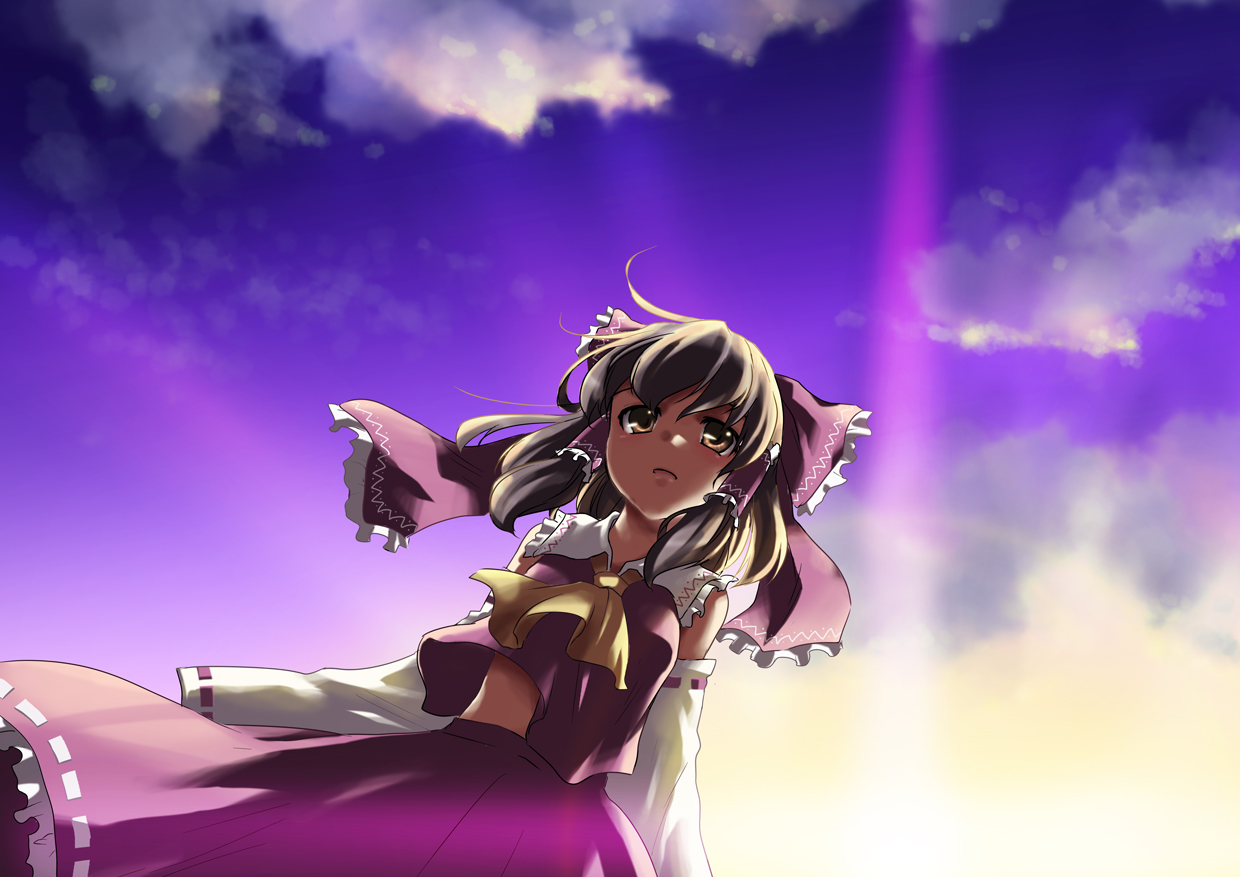 mizuki riko, hakurei reimu, touhou, bad id, bad pixiv id, 1girl, black hair, brown eyes, detached sleeves, female focus, gradient background, japanese clothes, miko, outdoors, skirt, sky, solo