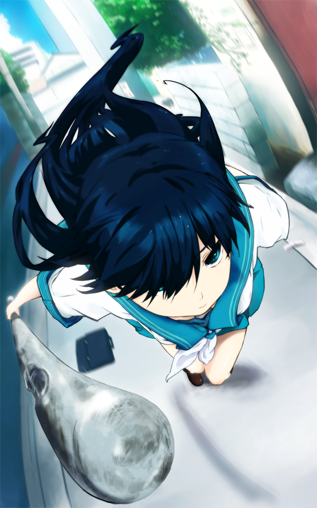iku ki, ochibana ame, denpa teki na kanojo, bookbag, 1girl, bag, baseball bat, blue eyes, blue hair, blue sailor collar, female focus, foreshortening, long hair, matching hair/eyes, motion blur, road, running, sailor collar, school uniform, serafuku, shoes, solo, street, vanishing point