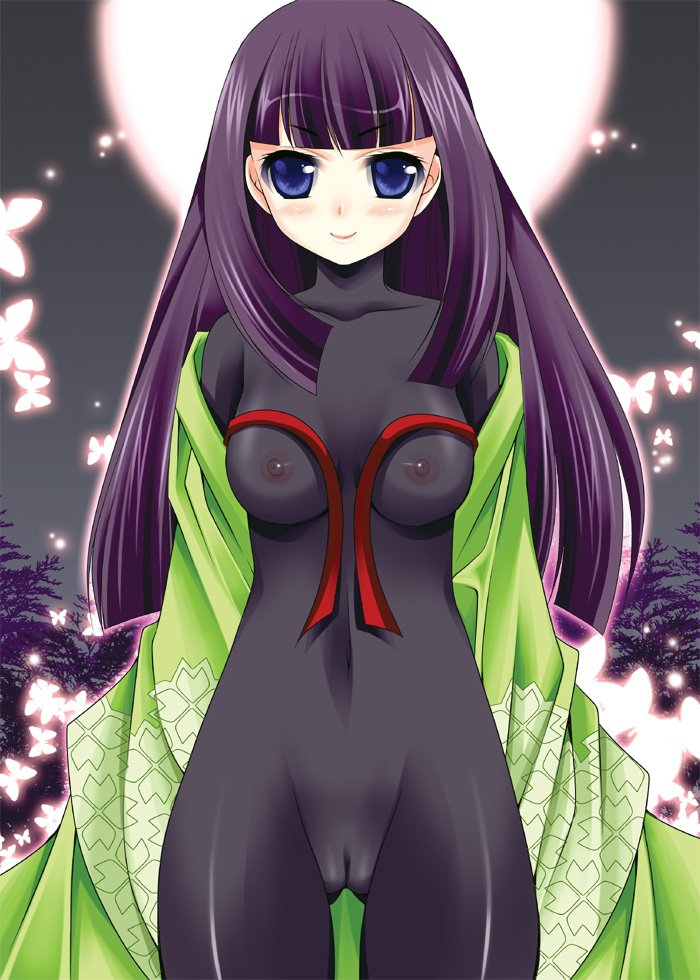 hanatsumi, sakura hanatsumi, ran (7th dragon), samurai (7th dragon), 7th dragon, 7th dragon (series), 1girl, black bodysuit, blue eyes, bodysuit, breasts, cameltoe, covered erect nipples, female focus, latex, medium breasts, purple hair, skin tight, solo