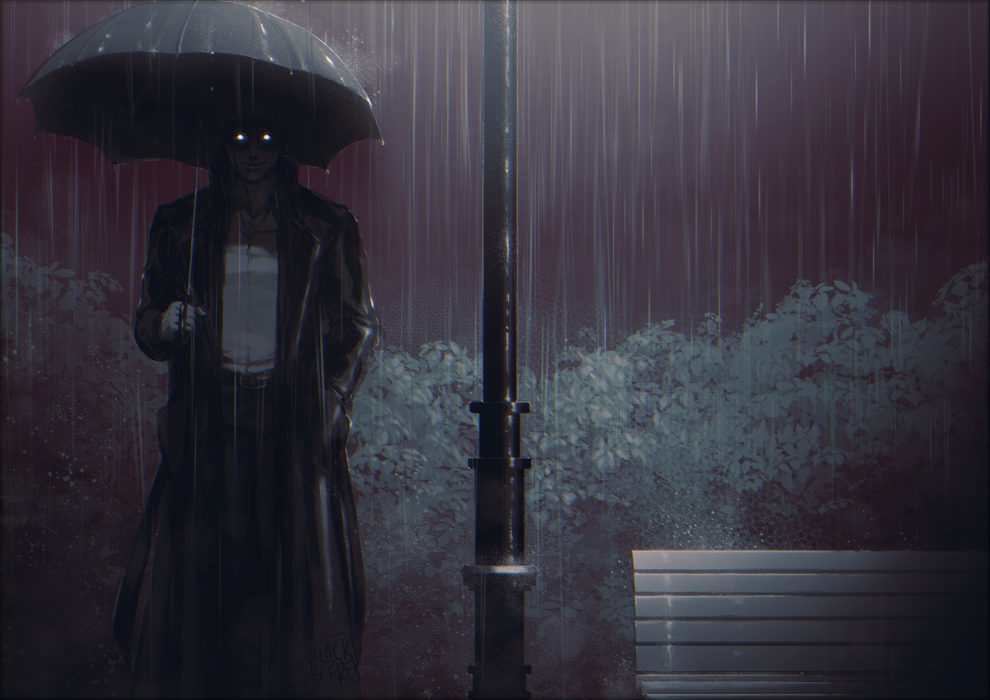 all for one (boku no hero academia), boku no hero academia, highres, 1boy, bench, blackberreh-art, coat, glowing, glowing eyes, holding, holding umbrella, jewelry, male focus, necklace, outdoors, rain, shirt, standing, trench coat, umbrella