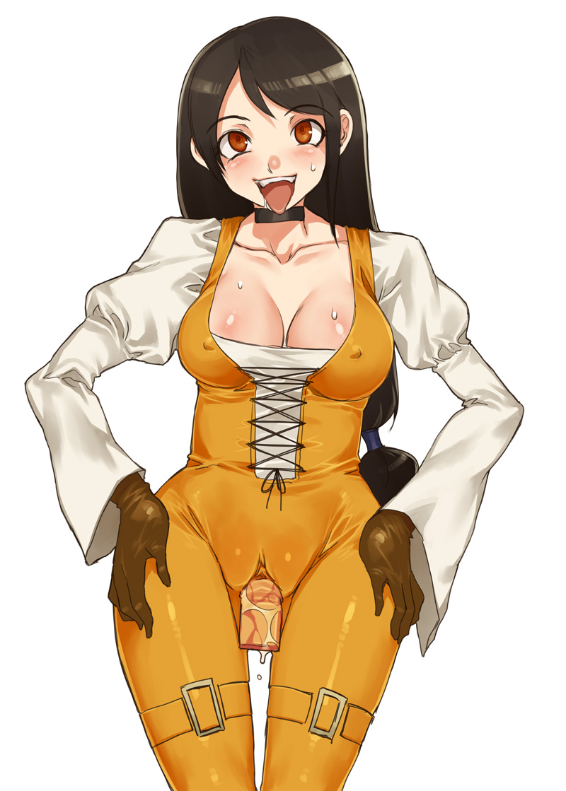 mizuryu kei, garnet til alexandros xvii, final fantasy, final fantasy ix, 00s, 1girl, :d, ahegao, black hair, blush, bodysuit, breasts, brown eyes, brown gloves, buckle, cameltoe, choker, cleavage, collarbone, corset, covered erect nipples, cowboy shot, cross-laced clothes, curvy, dildo, female focus, gloves, hands on own hips, hip focus, juliet sleeves, large breasts, latex, long hair, long sleeves, looking at viewer, low-tied long hair, naughty face, object insertion, open mouth, puffy long sleeves, puffy sleeves, pussy juice, saliva, sex toy, shirt, simple background, skin tight, smile, solo, standing, swept bangs, thigh gap, thigh strap, through clothes, tongue, tongue out, unitard, vaginal, vaginal object insertion, very long hair, vibrator, white background, wide hips, wide sleeves