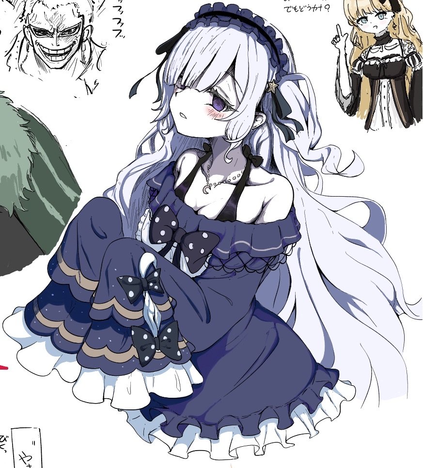 natsume an-an, saeki miria, mahou shoujo no majo saiban, commentary request, translation request, 1boy, 2girls, bare shoulders, black bow, blue dress, bow, crescent, crescent necklace, dress, frilled dress, frilled sleeves, frills, gothic lolita, hair over one eye, hairband, jewelry, lolita fashion, lolita hairband, long hair, long sleeves, looking at viewer, multiple girls, necklace, one side up, polka dot, polka dot bow, purple eyes, rei hinasuki, simple background, sleeves past fingers, sleeves past wrists, solo focus, very long hair, white background, white hair