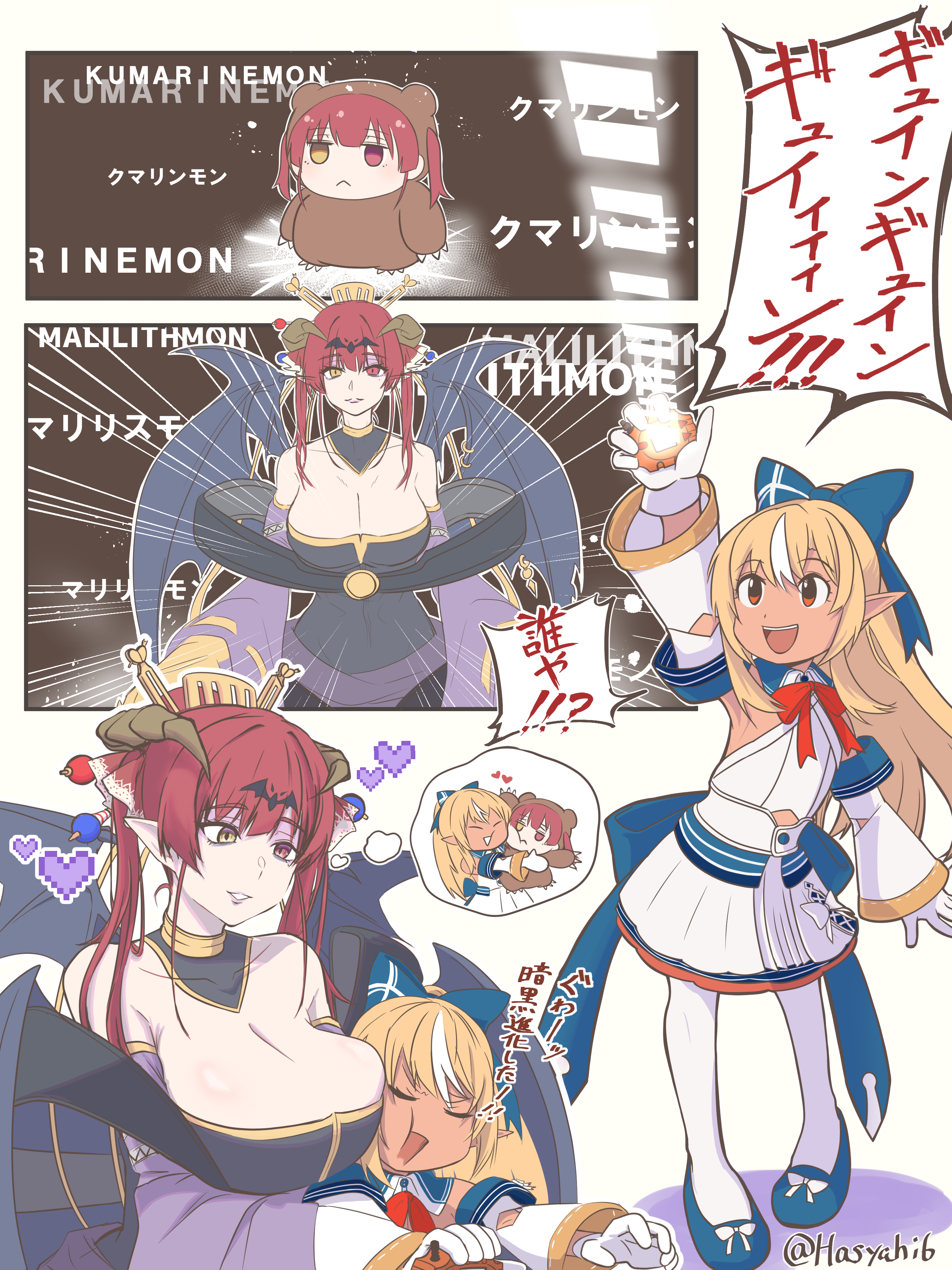 houshou kumarine, houshou marine, lilithmon, shiranui flare, shiranui flare (1st costume), digimon, hololive, absurdres, commentary request, highres, translation request, blonde hair, breasts, bridal gauntlets, cleavage, cosplay, crown, dark-skinned female, dark elf, dark skin, demon horns, demon wings, double-parted bangs, elf, gauntlets, hair between eyes, hair rings, hasyahi6, high ponytail, horns, large breasts, lilithmon (cosplay), multicolored hair, pointy ears, ponytail, single bridal gauntlet, single gauntlet, streaked hair, virtual youtuber, wings