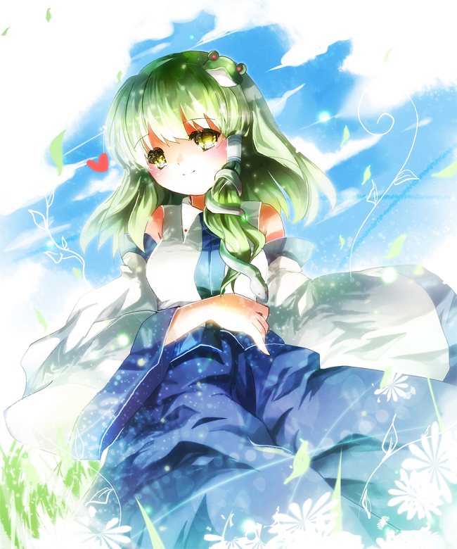 aquamarine, kochiya sanae, touhou, 1girl, cloud, detached sleeves, female focus, flower, frog, green hair, japanese clothes, miko, outdoors, plant, sky, snake, solo, yellow eyes