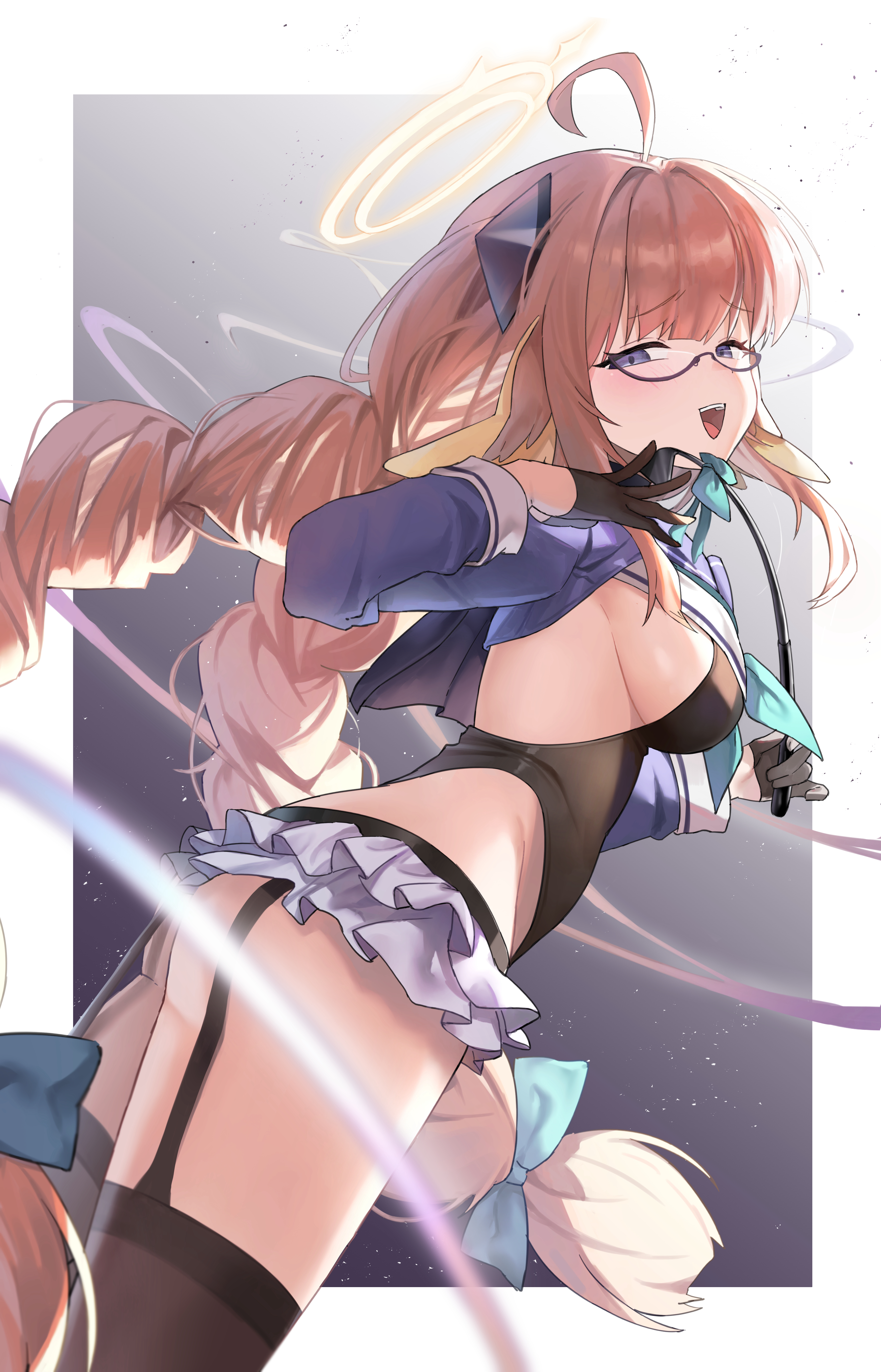 kuro11kii, shimiko (blue archive), shimiko (magical) (blue archive), blue archive, absurdres, commentary, highres, 1girl, aqua neckerchief, black garter straps, black gloves, black thighhighs, blue eyes, braid, breasts, frilled leotard, frills, garter straps, glasses, gloves, halo, holding, holding whip, leotard, looking at viewer, medium breasts, neckerchief, official alternate costume, open mouth, orange hair, purple shrug, semi-rimless eyewear, shrug (clothing), solo, thigh strap, thighhighs, twin braids, yellow halo
