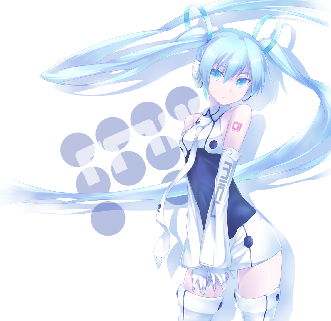 nanakusa, hatsune miku, vocaloid, 1girl, aqua eyes, aqua hair, blue eyes, blue hair, detached sleeves, female focus, gloves, headphones, long hair, matching hair/eyes, necktie, skirt, solo, thighhighs, twintails, very long hair, zettai ryouiki