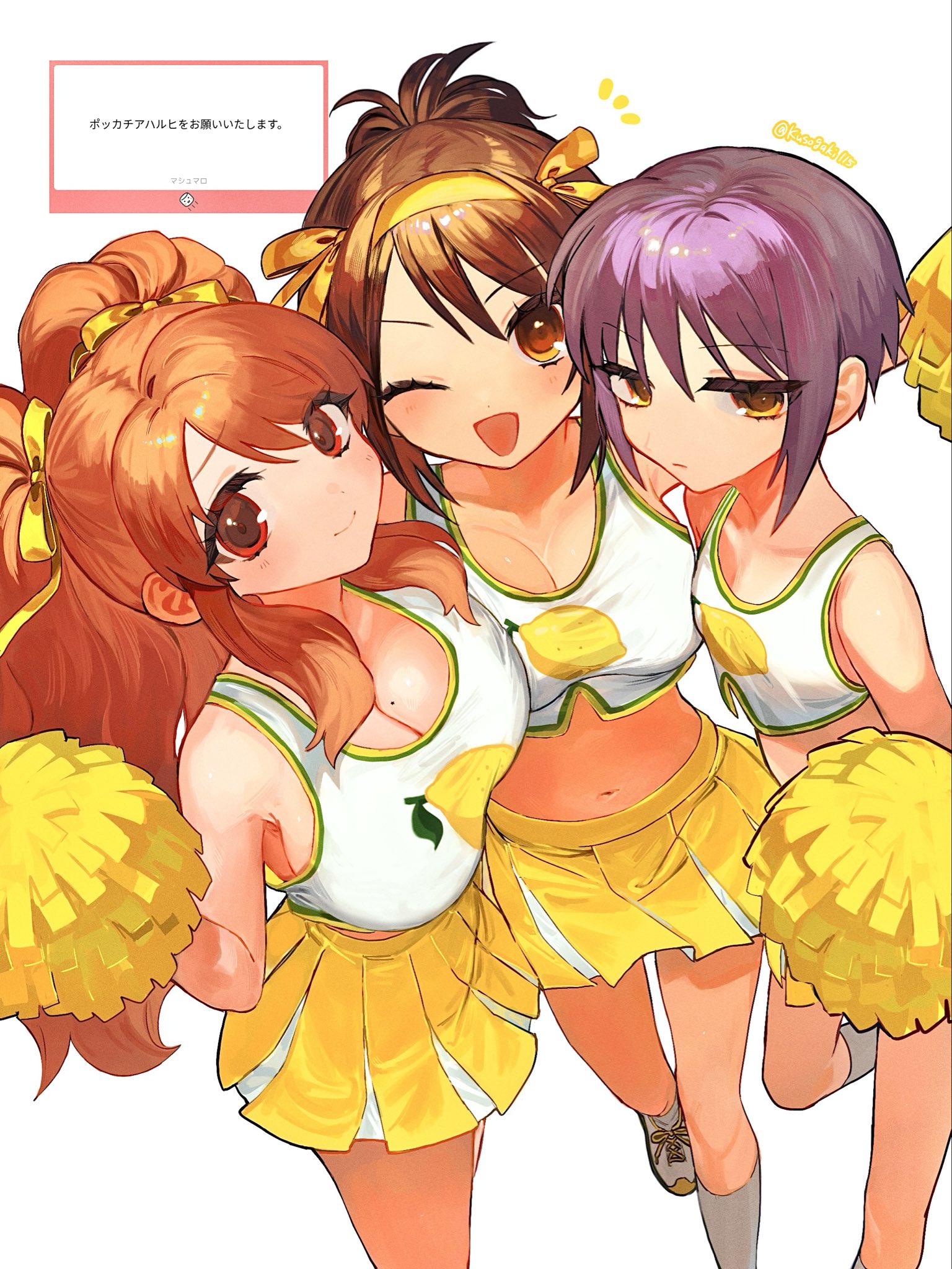 kusogaki115, asahina mikuru, nagato yuki, suzumiya haruhi, suzumiya haruhi no yuuutsu, highres, translation request, 3girls, ;d, bow, breasts, brown eyes, cheerleader, cleavage, closed mouth, cropped shirt, expressionless, food print, fruit print, hair bow, hair ribbon, hairband, holding, holding pom poms, kneehighs, large breasts, legs, lemon print, looking at viewer, medium breasts, midriff, mole, mole on breast, multiple girls, navel, notice lines, official alternate costume, one eye closed, open mouth, orange hair, pom pom (cheerleading), pom poms, ponytail, purple hair, ribbon, shirt, shoes, short hair, sidelocks, simple background, skirt, small breasts, smile, sneakers, socks, standing, stomach, tongue, white background, white shirt, white shoes, white socks, yellow bow, yellow hairband, yellow ribbon, yellow skirt