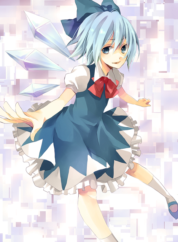 karu, yuzuki karu, cirno, embodiment of scarlet devil, touhou, bad id, bad pixiv id, 1girl, blue eyes, blue hair, child, dress, female focus, hair ribbon, ice, ribbon, short hair, solo