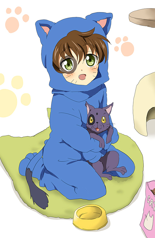 maruki (punchiki), arthur (code geass), kururugi suzaku, code geass, bad id, bad pixiv id, 00s, 1boy, animal costume, blush, brown hair, cat, cat costume, costume, fang, green eyes, kneeling, male focus, smile, solo