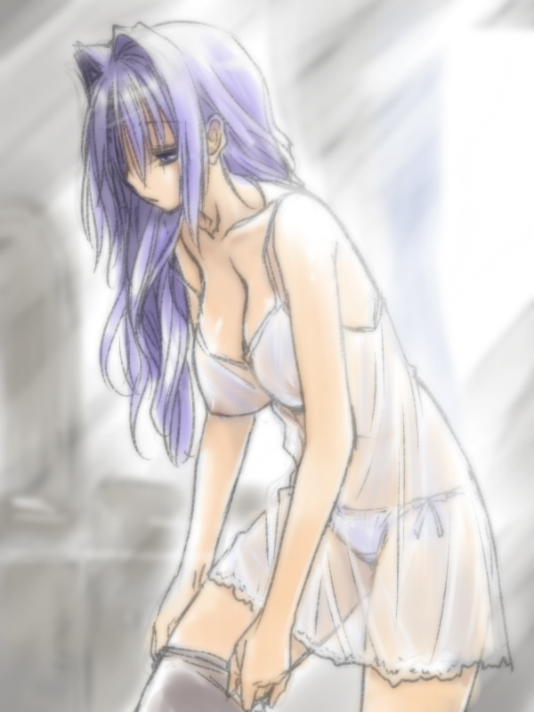 mitarashi kousei, minase akiko, kanon, 1girl, alternate hairstyle, babydoll, breasts, chemise, cleavage, female focus, hair intakes, large breasts, long hair, mature female, nipples, panties, purple hair, see-through clothes, side-tie panties, sidelocks, solo, thighhighs, thong, underwear, undressing