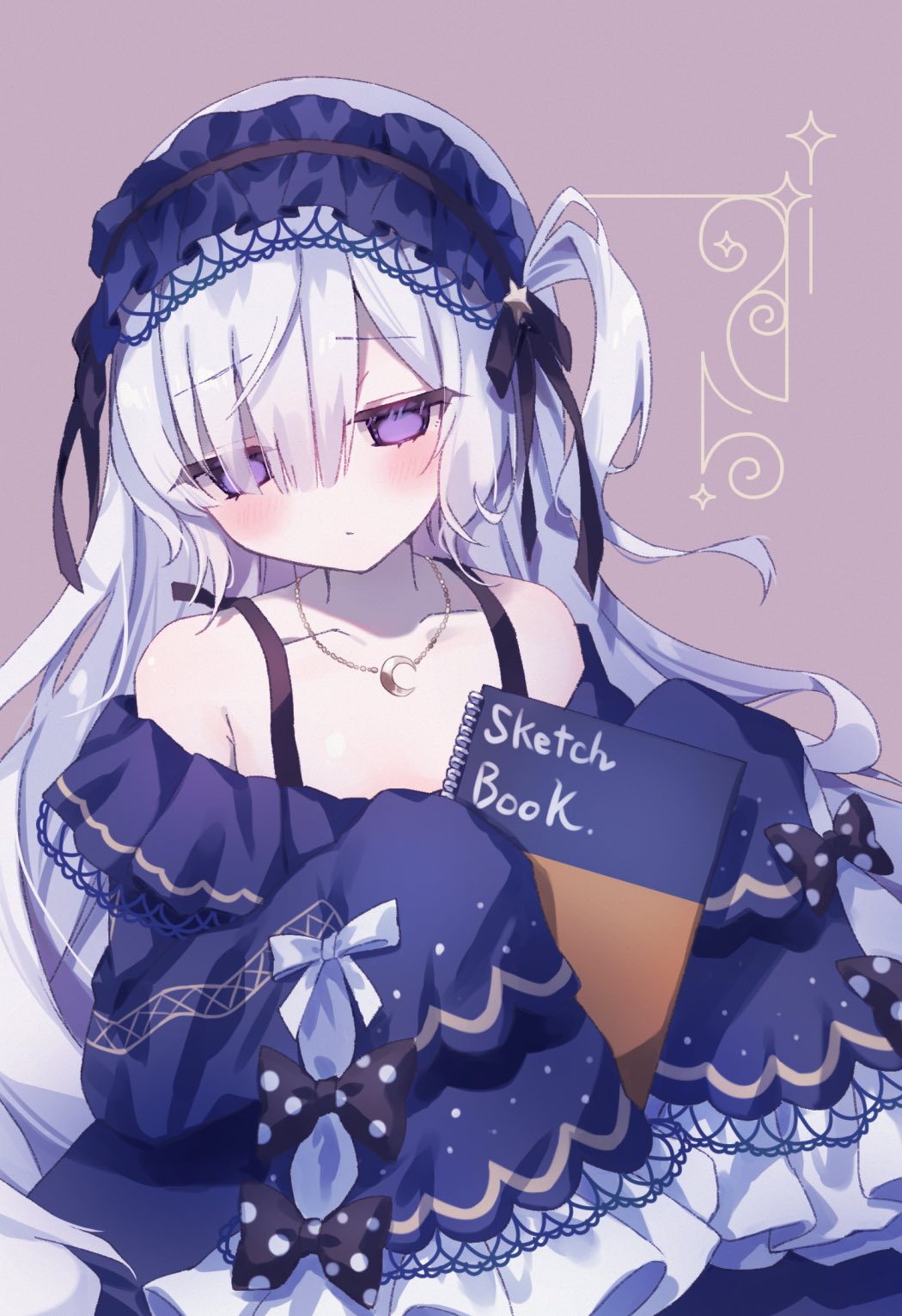 ichigoprin15, natsume an-an, mahou shoujo no majo saiban, commentary request, highres, 1girl, bare shoulders, black ribbon, blue dress, blue hairband, bow, crescent, crescent necklace, dress, frilled dress, frills, gothic lolita, hair over one eye, hair ribbon, hairband, holding, holding sketchbook, jewelry, lolita fashion, lolita hairband, long hair, long sleeves, looking at viewer, necklace, off shoulder, pale skin, polka dot, polka dot bow, purple eyes, ribbon, sketchbook, sleeves past fingers, sleeves past wrists, solo, star (symbol), very long hair, white hair