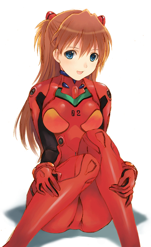 seiru (prairie), souryuu asuka langley, neon genesis evangelion, rebuild of evangelion, crotch, hands on legs, 00s, 1girl, :d, blue eyes, bodysuit, bracer, breasts, brown hair, female focus, gloves, hair between eyes, hair ornament, hairclip, happy, knees together feet apart, knees up, long hair, looking at viewer, mecha pilot suit, medium breasts, open mouth, plugsuit (evangelion), red hair, shadow, simple background, sitting, smile, solo, turtleneck, two side up, white background
