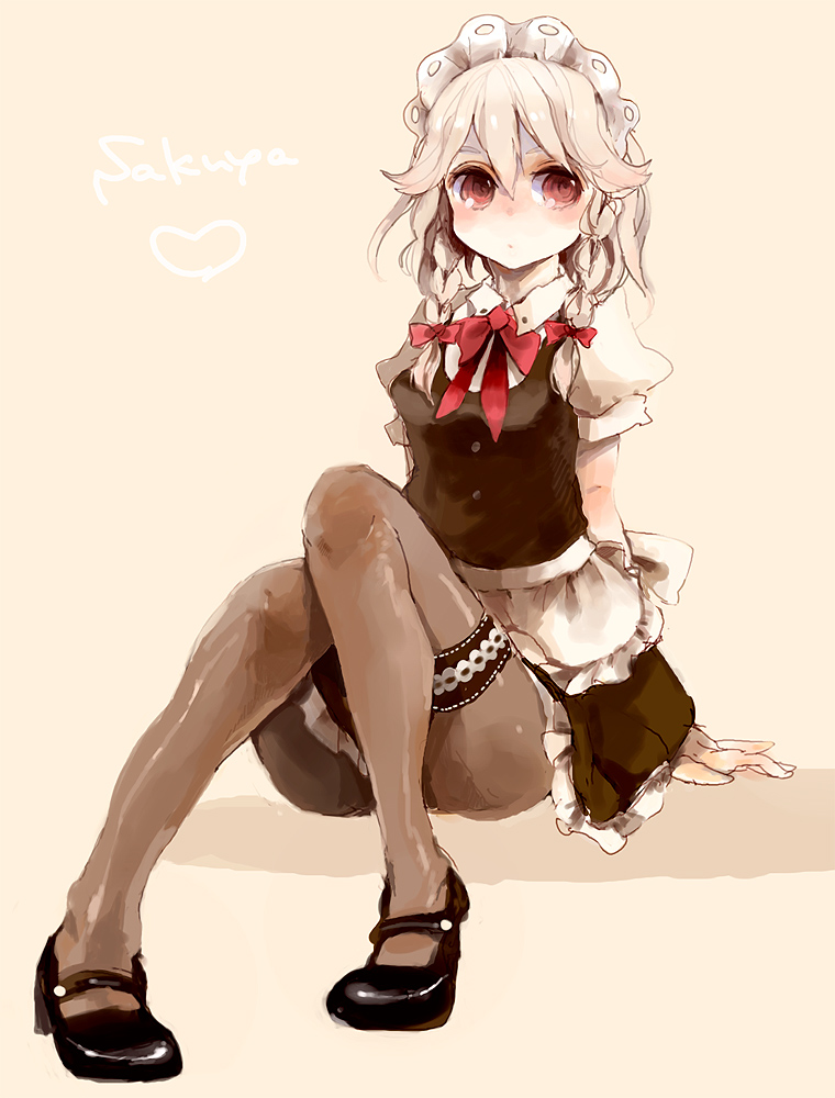 az, azuma aya, izayoi sakuya, touhou, silver hair, 1girl, blush, braid, brown eyes, female focus, frilled thigh strap, hair ribbon, legs, maid, maid headdress, mary janes, pantyhose, red eyes, ribbon, shoes, short hair, sitting, solo, thigh strap, twin braids