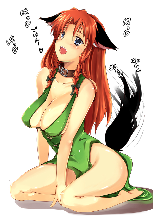 warabino matsuri, hong meiling, touhou, bad id, bad pixiv id, 1girl, adapted costume, animal ears, bare shoulders, barefoot, blush, breasts, cleavage, collar, dog ears, dog tail, female focus, kemonomimi mode, large breasts, no bra, no panties, sitting, solo, tail, tail wagging, wariza