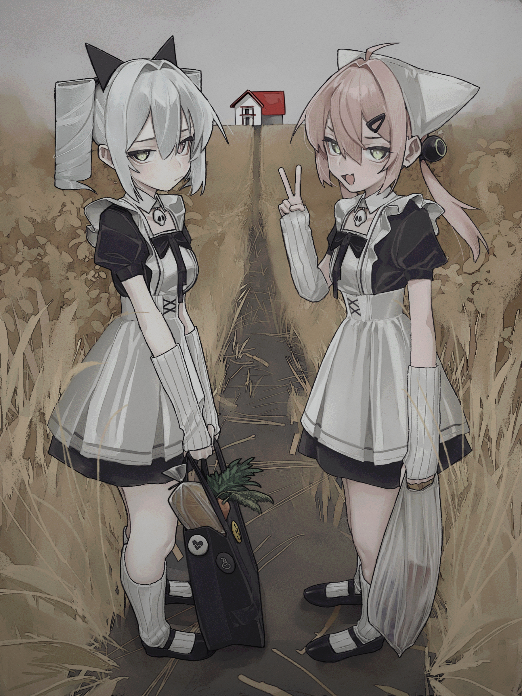 saaal653, xenon (saaal653), original, absurdres, highres, 2girls, ahoge, apron, arm warmers, breasts, brown eyes, dress, drill hair, field, frilled dress, frills, green eyes, grey hair, heterochromia, long hair, looking at viewer, maid, maid apron, multiple girls, neon (saaal653), open mouth, pink hair, shoes, small breasts, socks, standing, twin drills, twintails, v, white socks