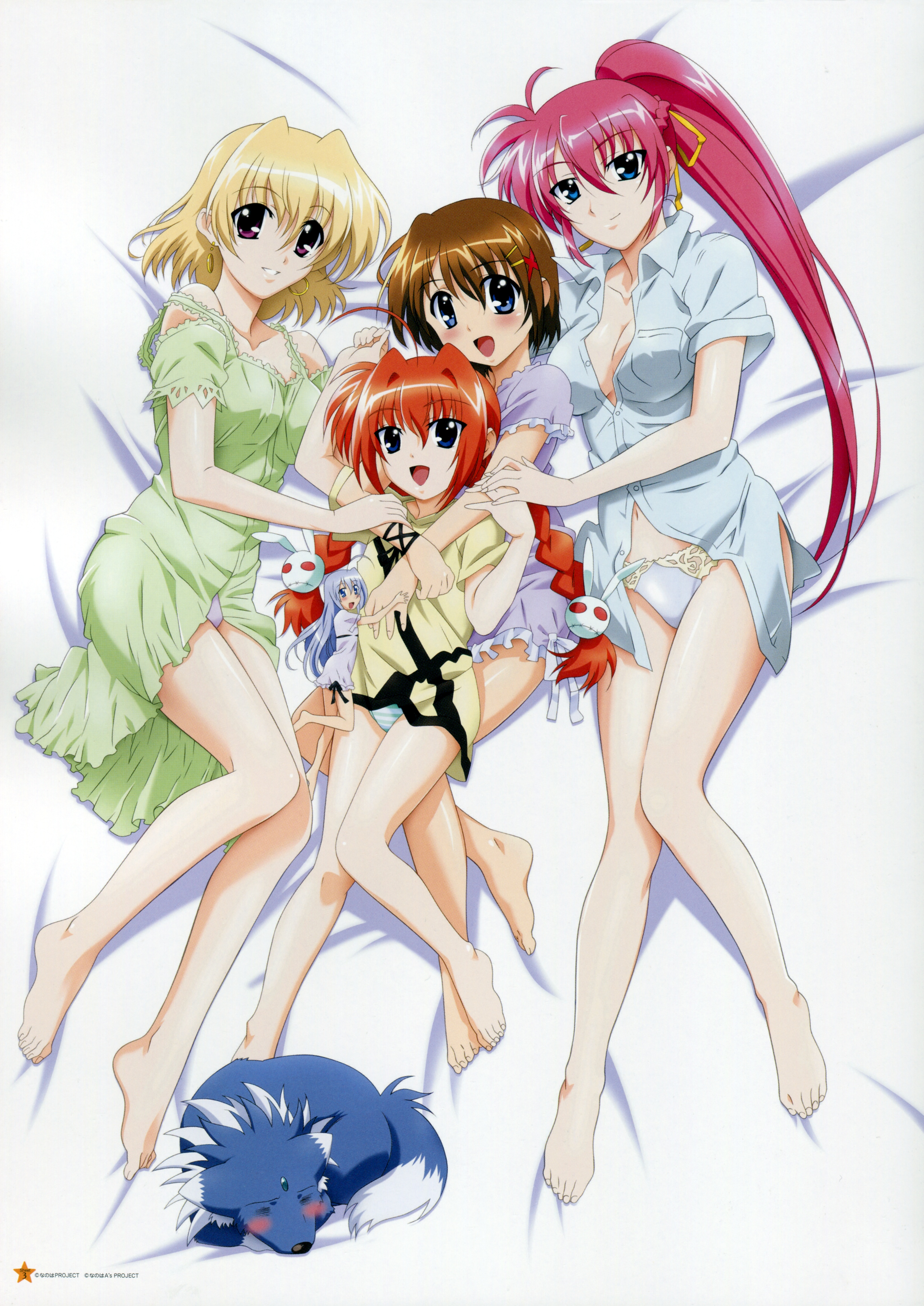 okuda yasuhiro, reinforce zwei, shamal, signum, vita (nanoha), yagami hayate, zafira, lyrical nanoha, mahou shoujo lyrical nanoha, mahou shoujo lyrical nanoha a's, mahou shoujo lyrical nanoha strikers, absurdres, highres, official art, scan, 00s, 5girls, barefoot, bed, blonde hair, blue eyes, blue hair, blush, braid, breasts, brown hair, cleavage, earrings, feet, jewelry, lace, lace-trimmed panties, lace trim, large breasts, lingerie, long hair, mini person, minigirl, multiple girls, nightgown, open clothes, open mouth, open shirt, panties, pink hair, ponytail, purple eyes, purple panties, red hair, shirt, short hair, smile, striped clothes, striped panties, toes, twin braids, twintails, underwear