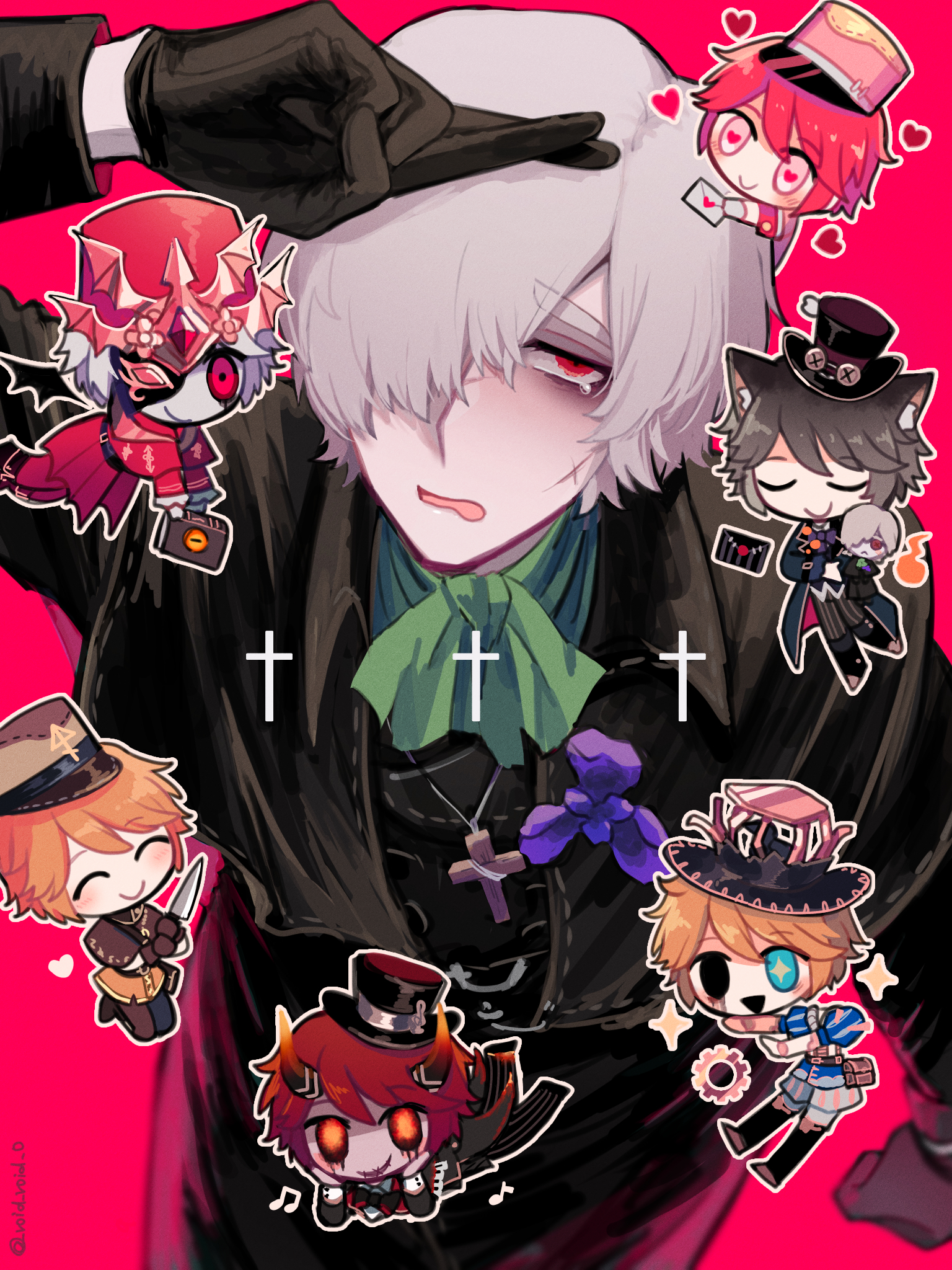 tendenbarabara, andrew kreiss, victor grantz, victor grantz ("the prince"), victor grantz (keyboard), victor grantz (specter), victor grantz (the embrace), identity v, highres, 6+boys, albino, ascot, bags under eyes, black capelet, black eyes, black gloves, black robe, blonde hair, blue eyes, blush, capelet, character doll, chibi, closed eyes, cowboy shot, cross, cross necklace, cross scar, crossed fingers, demon wings, disembodied head, doll, flower, gloves, glowing, glowing eyes, green ascot, grey hair, hair over one eye, half-closed eyes, hand on own head, heart, heart-shaped pupils, heterochromia, holding, holding knife, iris (flower), jewelry, knife, latin cross, looking at viewer, male focus, multiple boys, multiple persona, necklace, official alternate costume, open mouth, pale skin, pink background, red eyes, red hair, robe, scar, scar on face, single tear, smile, striped blush, symbol-shaped pupils, tearing up, thick eyebrows, white hair, wings