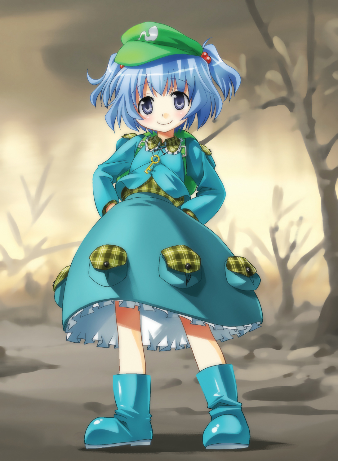 umekichi, kawashiro nitori, touhou, plaid, bad id, bad pixiv id, highres, 1girl, backpack, bag, blue eyes, blue hair, female focus, hair bobbles, hair ornament, hat, matching hair/eyes, randoseru, short hair, solo, twintails, two side up