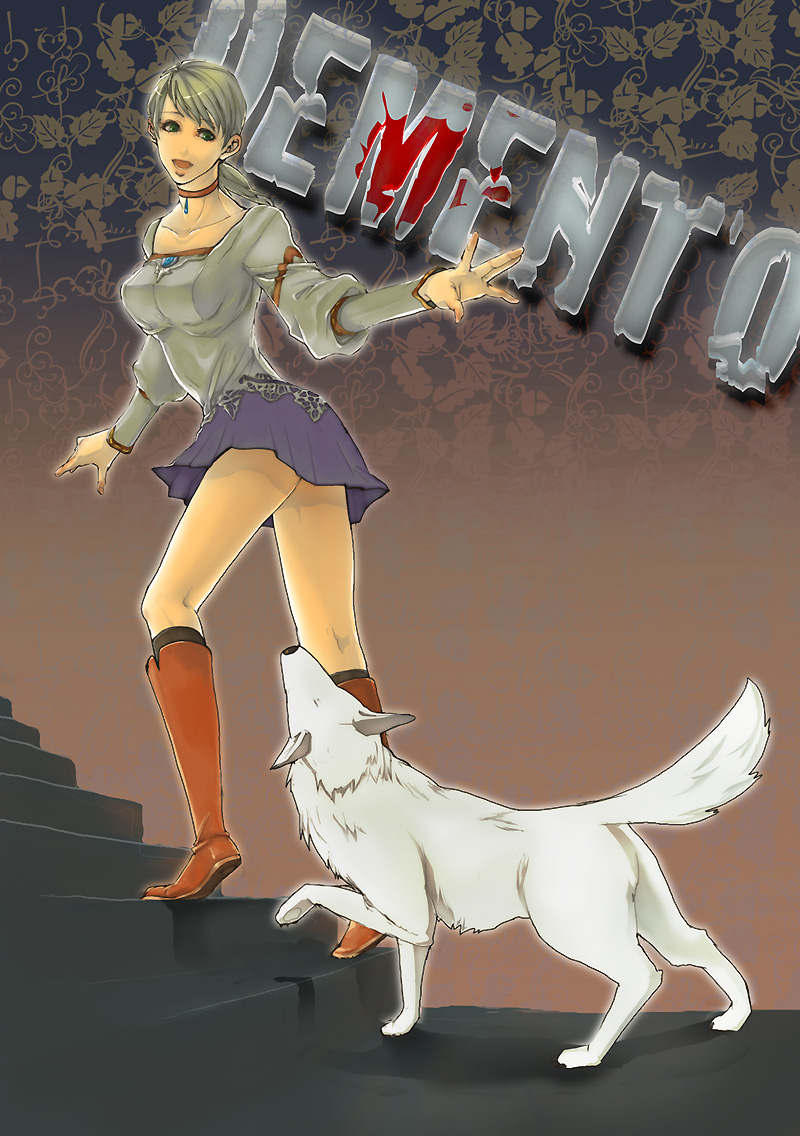 ichimura (kiln), fiona belli, hewie, capcom, demento, bad id, bad pixiv id, 1girl, blonde hair, blouse, boots, brooch, choker, dog, green eyes, jewelry, looking back, miniskirt, open mouth, ponytail, shirt, skirt, stairs, walking