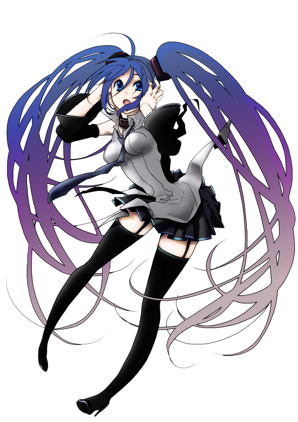 kondoru, hatsune miku, vocaloid, highres, 1girl, :o, ahoge, black thighhighs, blue eyes, blue hair, blue nails, collar, detached sleeves, female focus, full body, gradient hair, hair ornament, high heels, legs, long hair, matching hair/eyes, miniskirt, multicolored hair, nail polish, necktie, open mouth, pleated skirt, purple hair, shoes, sidelocks, simple background, skirt, solo, standing, thighhighs, twintails, two-tone hair, very long hair, zettai ryouiki