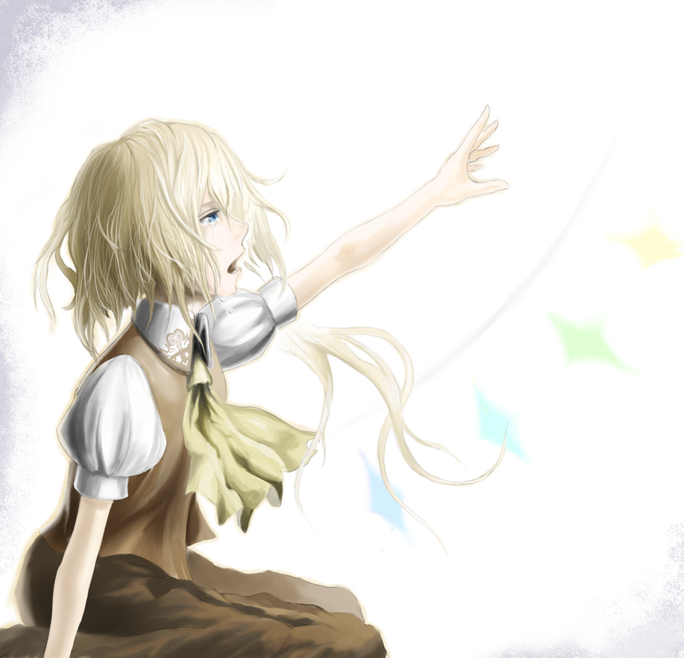 ross (clumzero), flandre scarlet, touhou, bad id, bad pixiv id, 1girl, blonde hair, blouse, blue eyes, collared shirt, female focus, from side, long hair, shirt, sitting, solo, tears, white background, white shirt, wings