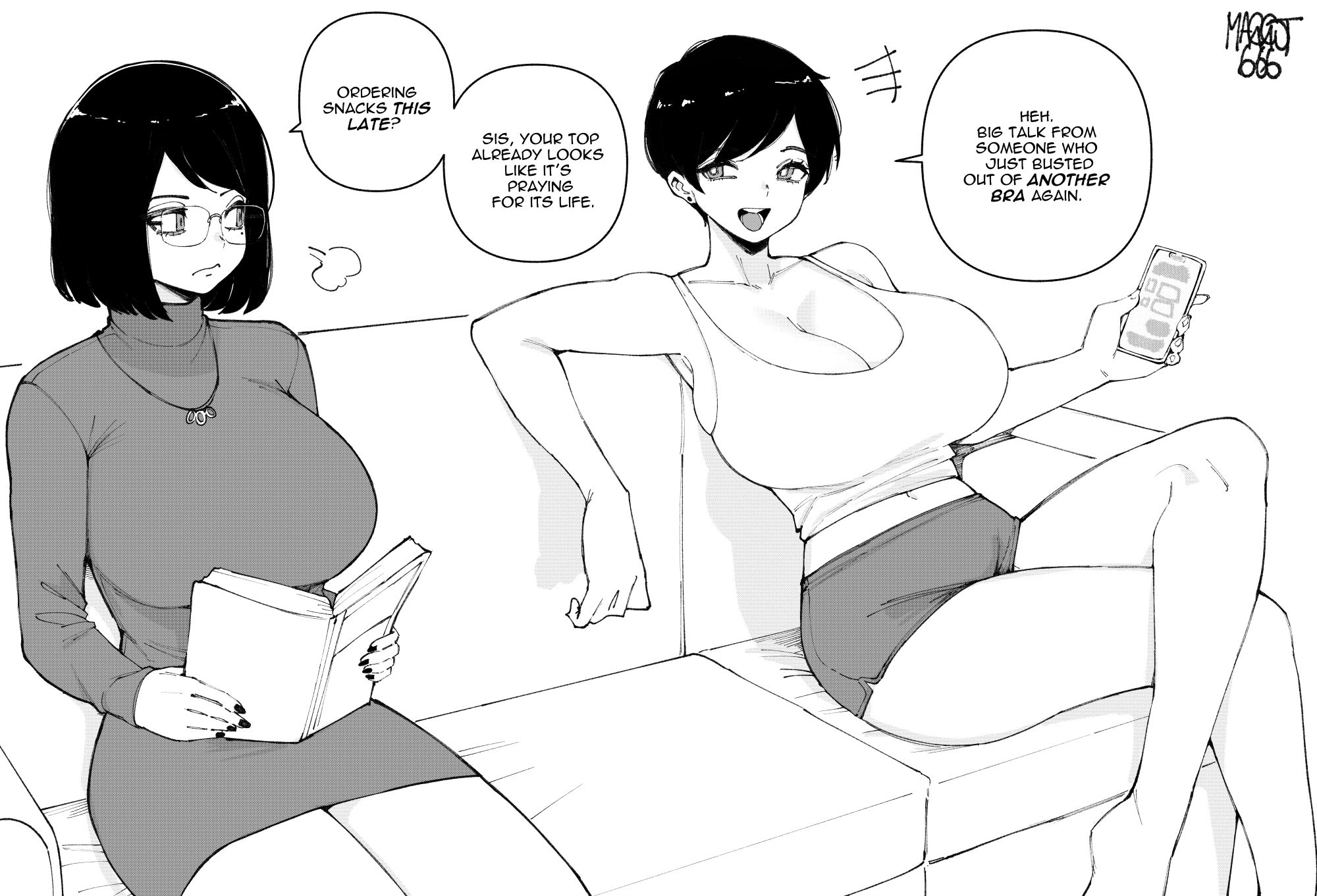 norman maggot, desyana laurentia, olive laurentia, original, commission, highres, 2girls, artist name, book, breasts, cleavage, collarbone, couch, crossed legs, dress, earrings, english text, glasses, holding, holding book, holding phone, huge breasts, jewelry, mole, mole under eye, multiple girls, nail polish, navel, necklace, on couch, open mouth, phone, shadow, short hair, short shorts, shorts, siblings, sisters, sitting, speech bubble, tank top