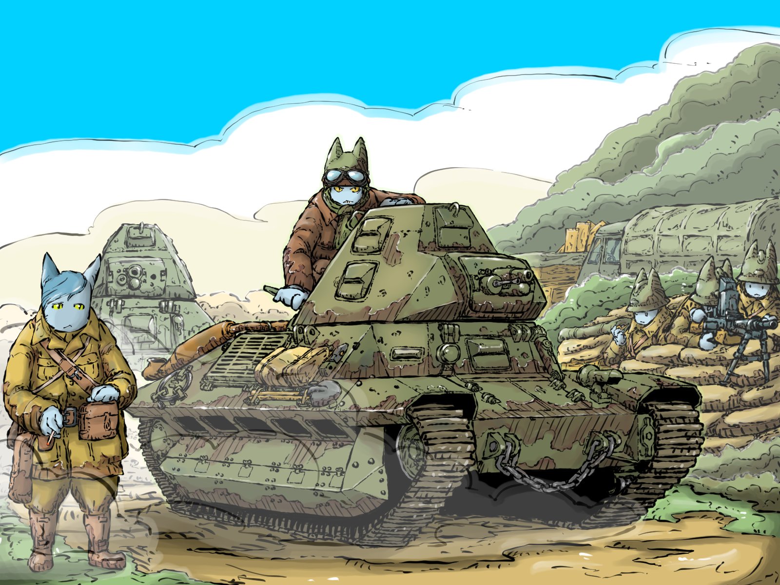 yabarn, original, highres, vehicle request, 5boys, bipod, blue sky, caterpillar, goggles, goggles on headwear, gun, light machine gun, machine gun, military truck, military vehicle, motor vehicle, multiple boys, sandbag, shovel, sky, tank, truck, vehicle focus, weapon