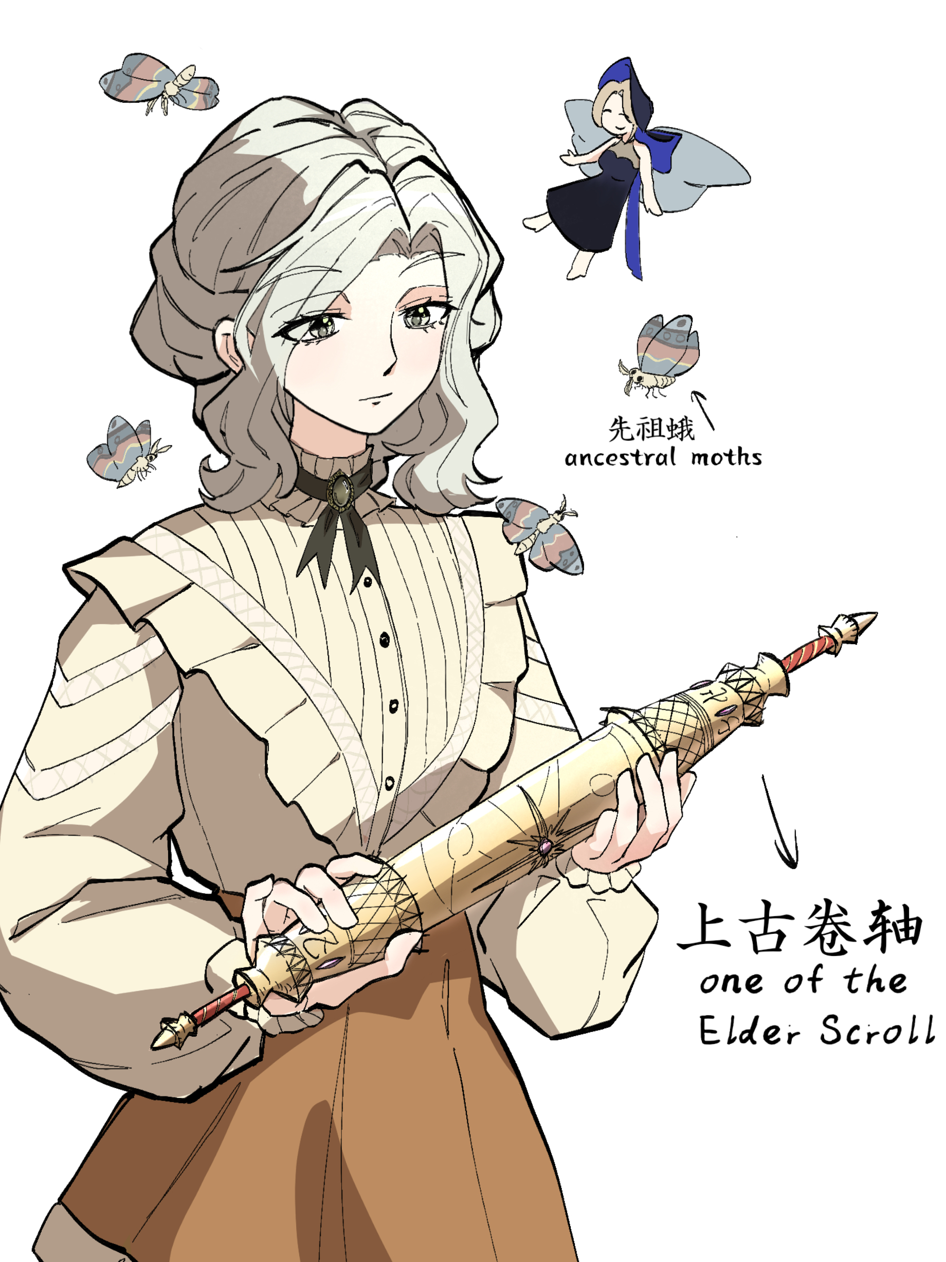 dores (reverse:1999), ms. grace (reverse:1999), urd (reverse:1999), reverse:1999, the elder scrolls, absurdres, highres, 2girls, arrow (symbol), arthropod girl, black dress, black hat, brown skirt, bug, chinese text, cross tie, dress, elder scroll, english text, grey eyes, grey hair, hat, holding, holding scroll, insect, insect girl, looking at object, medium hair, mini person, minigirl, moth, moth girl, multiple girls, rerken, scroll, shirt, skirt, upper body, white shirt