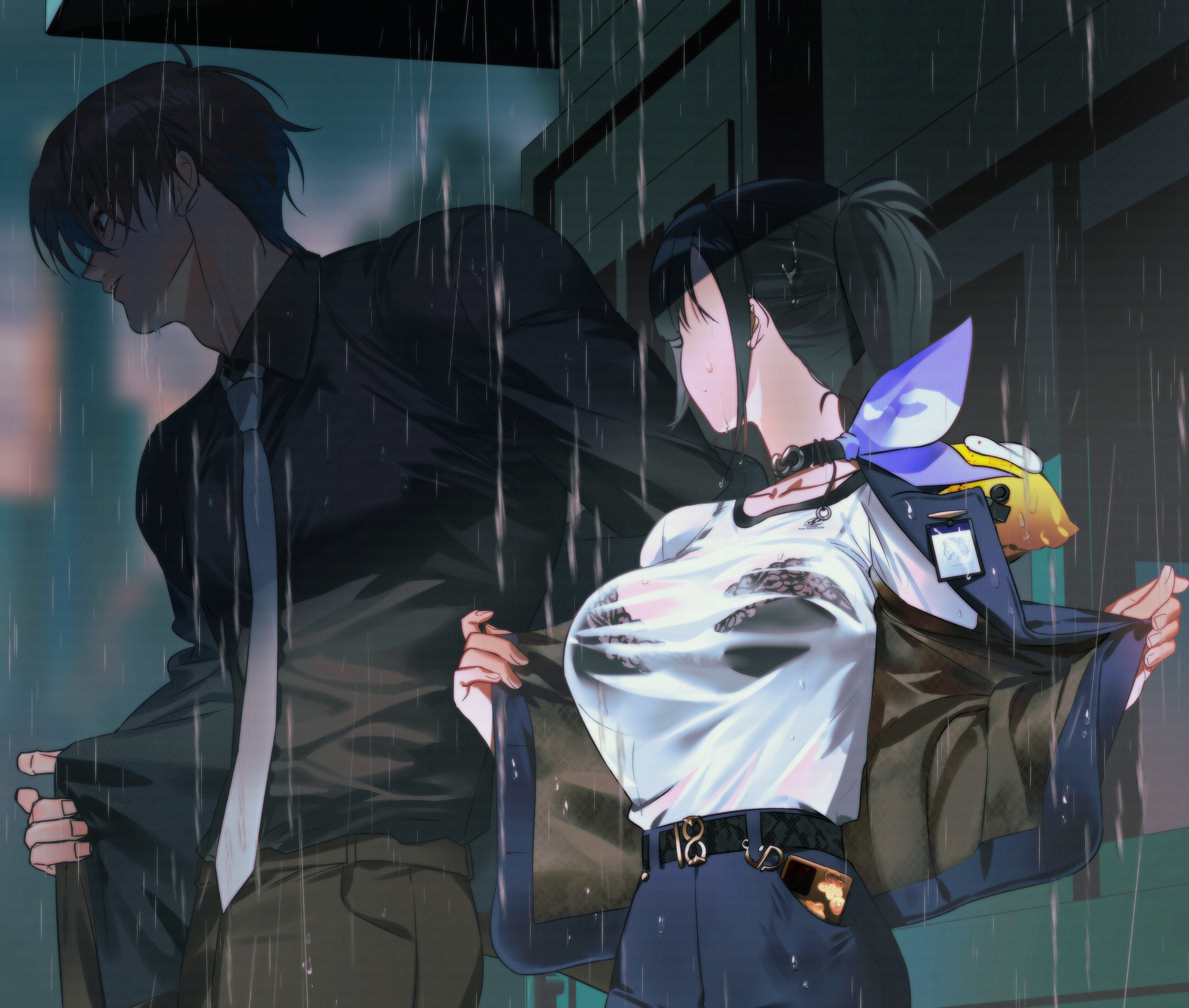 laejjo, commander (nikke), sora (nikke), goddess of victory: nikke, absurdres, commentary, english commentary, highres, 1boy, 1girl, belt, belt buckle, belt collar, black belt, black bra, black hair, blue jacket, blue skirt, bra, breasts, brown hair, brown pants, brown shirt, buckle, collar, grey necktie, jacket, large breasts, long sleeves, looking at another, necktie, outdoors, pants, rain, shirt, short hair, short sleeves, skirt, t-shirt, underwear, wet, wet clothes, wet shirt, white shirt