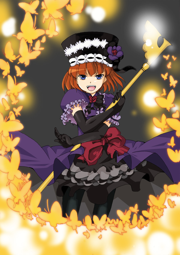 yanagihara tantoui, eva beatrice, umineko no naku koro ni, 00s, dress, elbow gloves, gloves, hat, orange hair, ribbon, short hair, solo, staff