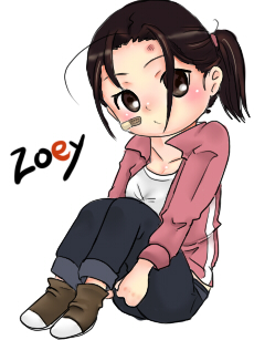 zoey (left4dead), left 4 dead, left 4 dead 1, bad id, bad pixiv id, lowres, 1girl, animification, bandaid, bandaid on face, brown eyes, brown hair, chibi, female focus, ponytail, solo