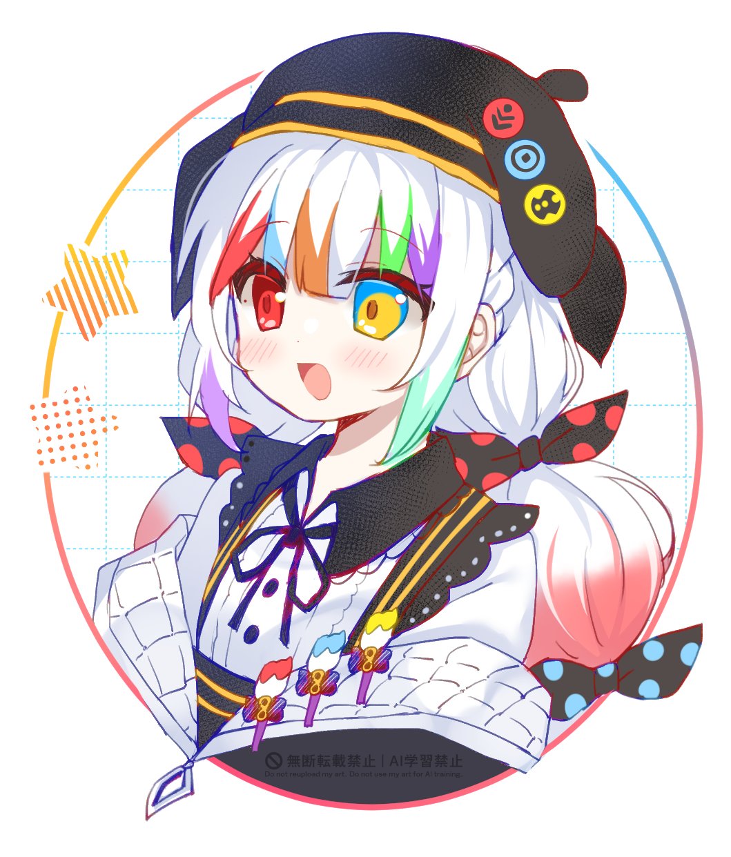 shikito (yawa0w0), jogasaki noah, mahou shoujo no majo saiban, highres, 1girl, :d, beret, blunt bangs, bow, collared shirt, hat, heterochromia, long hair, looking at viewer, multi-tied hair, multicolored hair, neck ribbon, open mouth, paint stains, paintbrush, polka dot, polka dot bow, red eyes, ribbon, shirt, smile, solo, star (symbol), streaked hair, upper body, white background, white hair, white shirt, yellow eyes