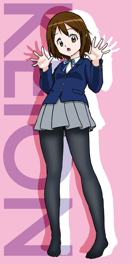 uraharukon, hirasawa yui, k-on!, long image, tall image, 00s, 1girl, blazer, brown eyes, brown hair, feet, female focus, jacket, open mouth, pantyhose, school uniform, solo