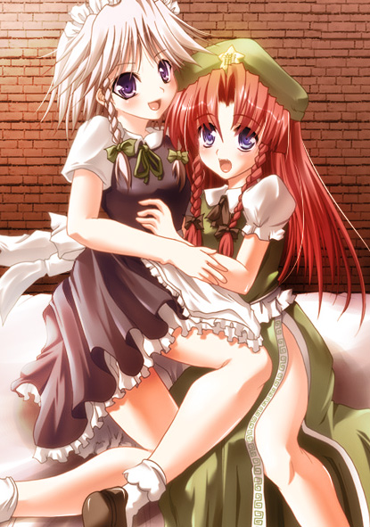 maki (seventh heaven maxion), hong meiling, izayoi sakuya, embodiment of scarlet devil, touhou, silver hair, bad id, bad pixiv id, 2girls, blue eyes, female focus, multiple girls, purple eyes, red hair