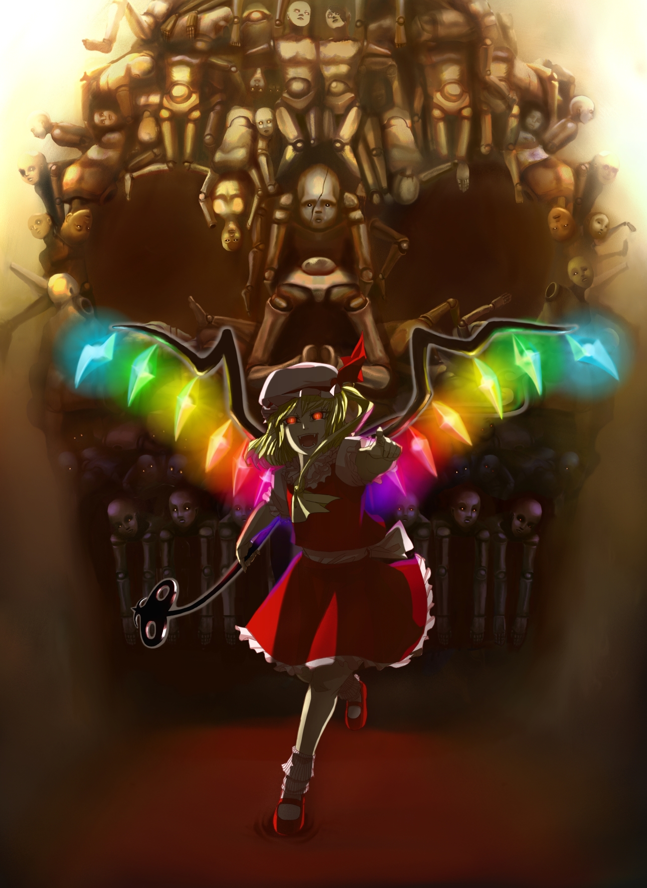 kiki the catman, flandre scarlet, touhou, bad id, bad pixiv id, highres, 1girl, creepy, doll, doll joints, dress, fangs, female focus, glowing, glowing eyes, hat, horror (theme), joints, laevatein, mob cap, pink hat, rainbow order, red dress, red shoes, shoes, solo, standing, standing on one leg, vampire