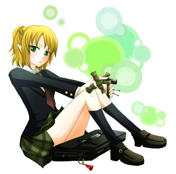 paco (eien mikan), paco (pixiv), mizuhashi parsee, touhou, 1girl, alternate costume, bag, blonde hair, female focus, green eyes, half updo, nail (hardware), necktie, satchel, school uniform, solo, straw doll