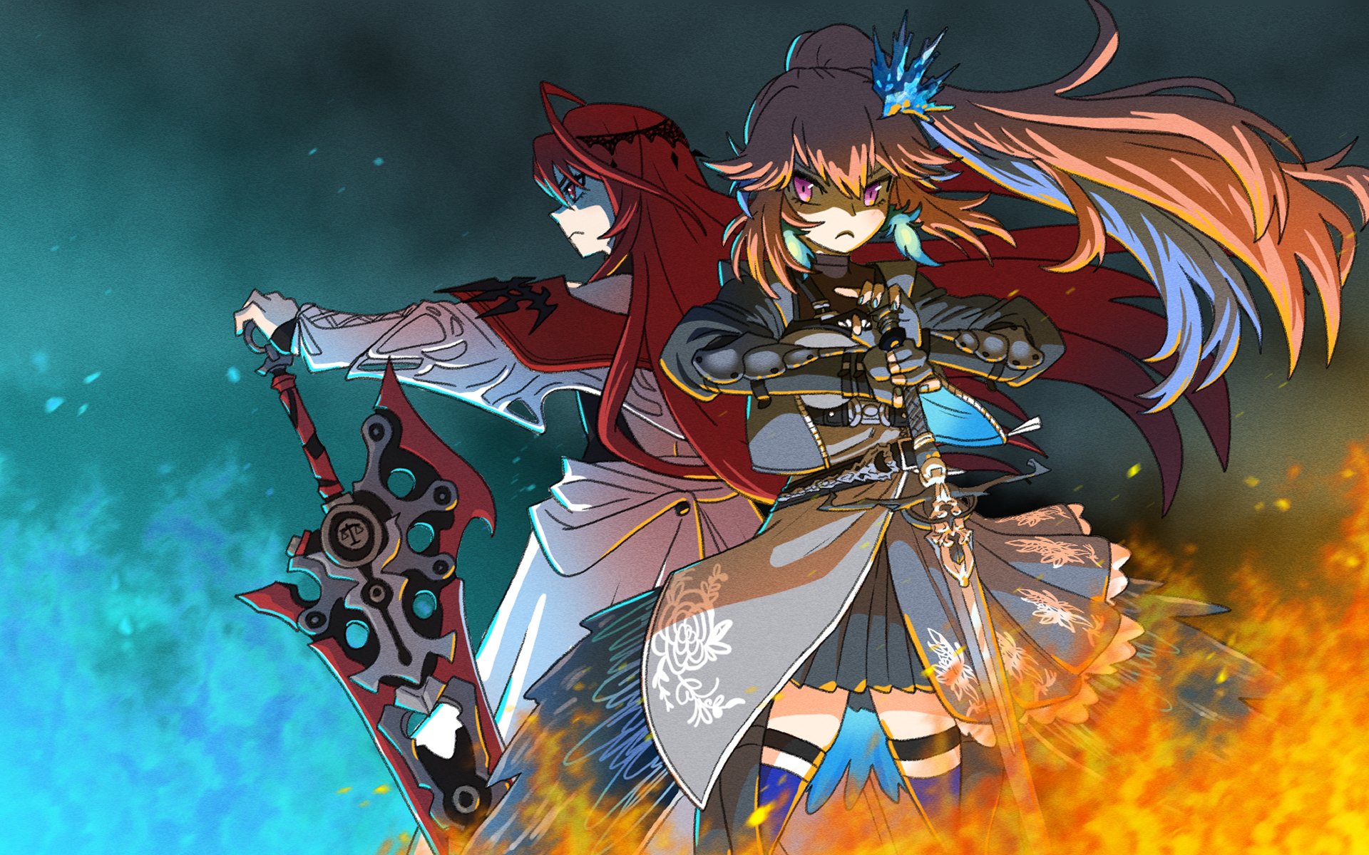 elizabeth rose bloodflame, elizabeth rose bloodflame (1st costume), takanashi kiara, takanashi kiara (knight), hololive, hololive english, highres, 2girls, ahoge, armor, belt, blue fire, blue hair, colored inner hair, fire, gloves, gradient hair, long hair, multicolored hair, multiple girls, orange hair, ponytail, red eyes, red hair, spriggantweet, sword, two-tone hair, virtual youtuber, weapon