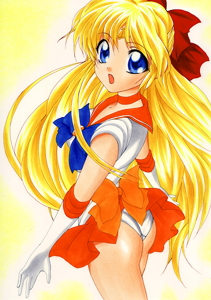 yadokari genpachirou, aino minako, sailor venus, bishoujo senshi sailor moon, marker (medium), traditional media, 1990s (style), 1girl, ass, blonde hair, blue eyes, bow, choker, elbow gloves, female focus, gloves, hair bow, half updo, long hair, looking back, magical girl, orange skirt, panties, pantyshot, red bow, retro artstyle, skirt, solo, tiara, underwear, upskirt
